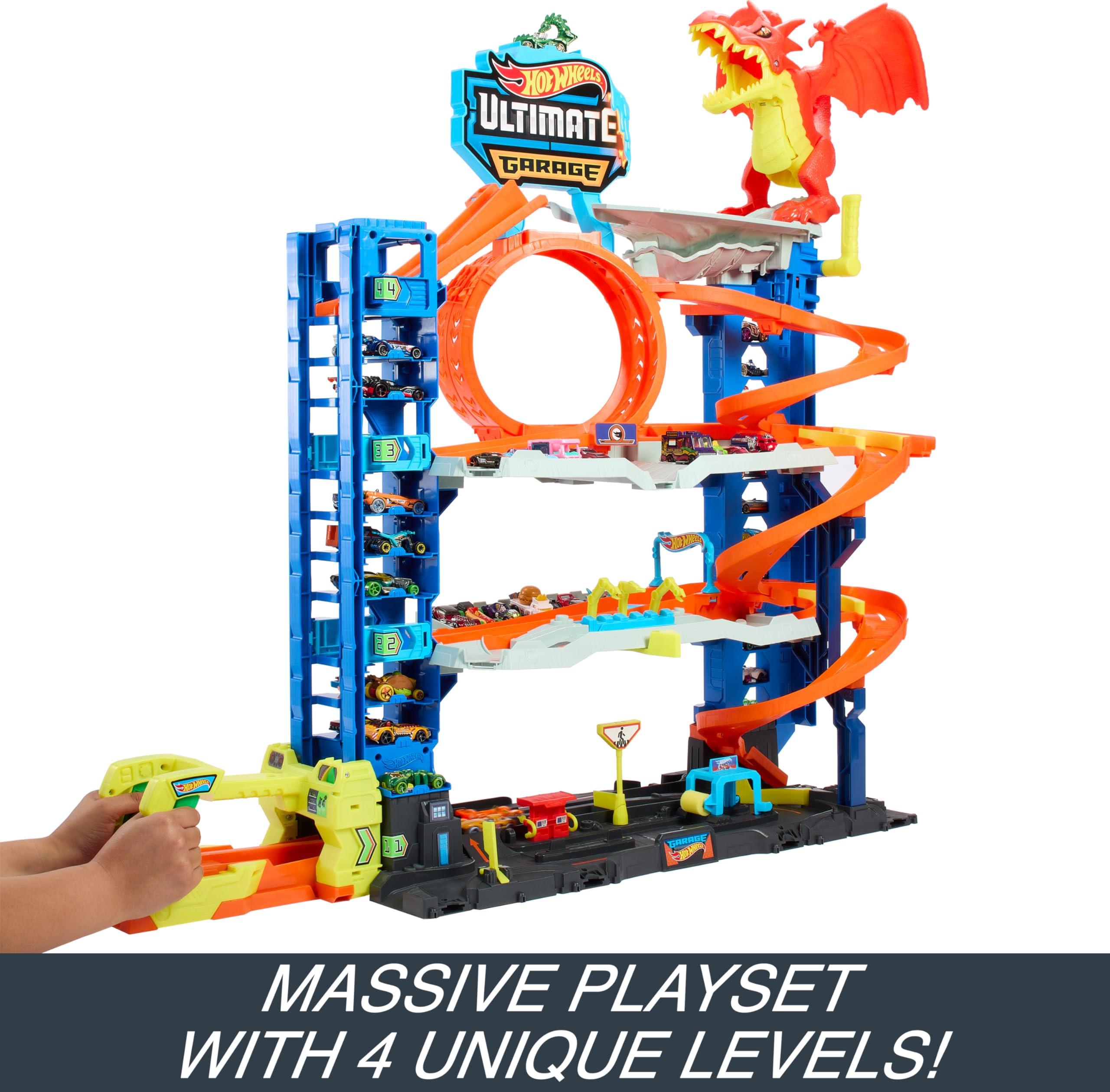 Hot Wheels Hot Wheels City Ultimate Garage Track Set with 2 Die-Cast Toy Cars & Car-Eating Dragon, Stores 50+ Vehicles, 4 Levels