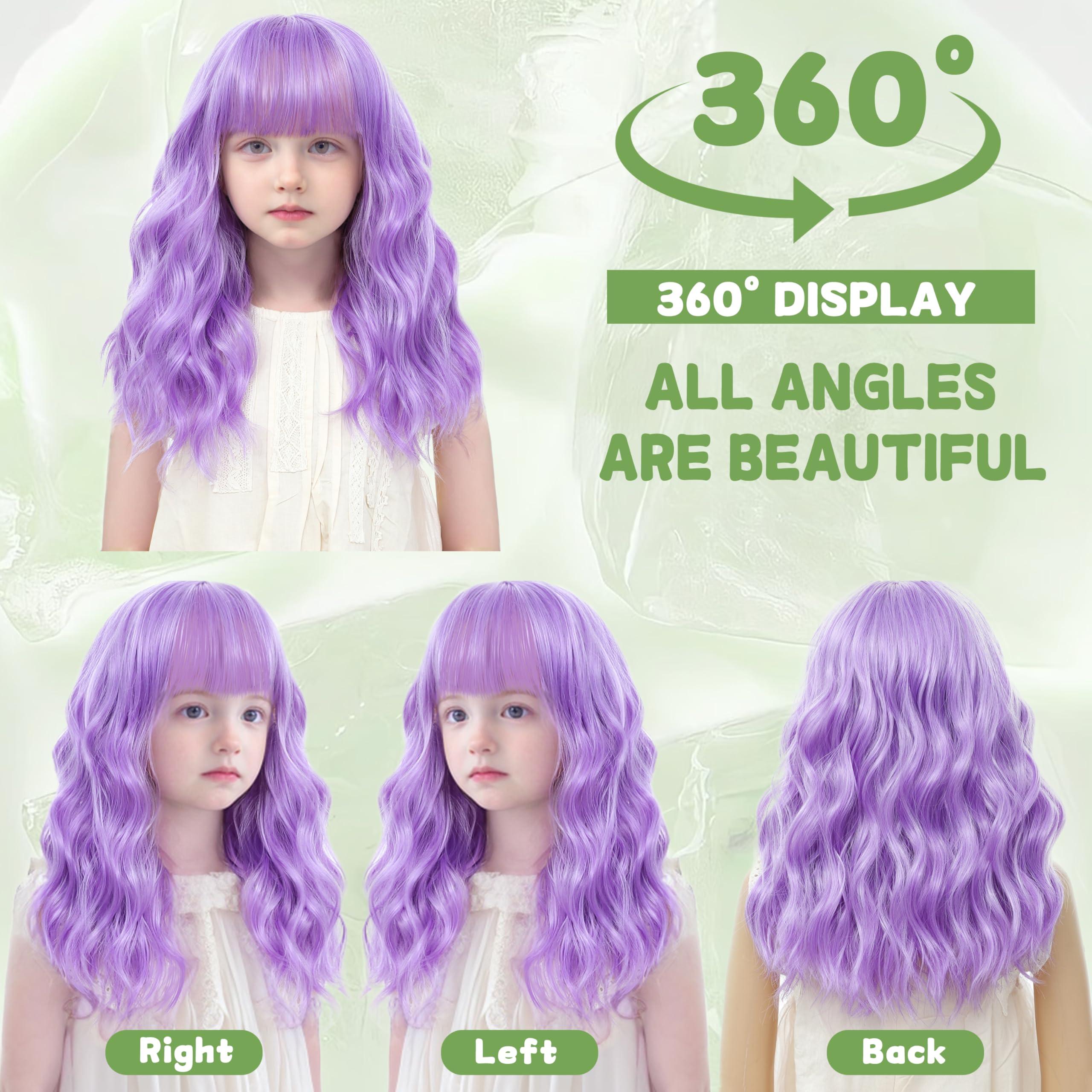 BUPPLER BUPPLER Kids Purple Wig with Bangs 14 Inch Halloween Cosplay Wigs for Kids Girls Wavy Hair Synthetic Wig with Upgraded Strands,Shoulder Length Wig for Costume Parties (14 Inch,Purple)
