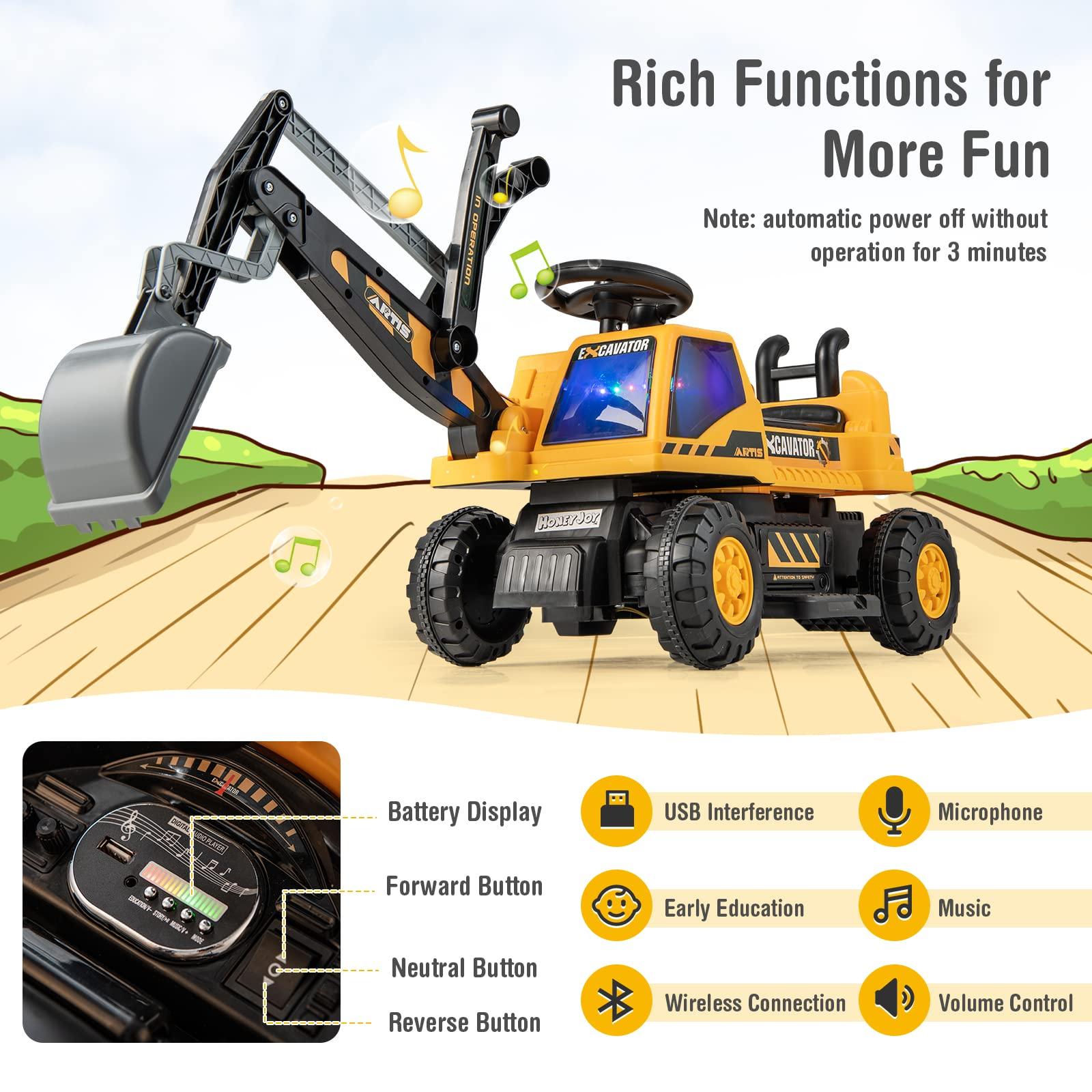 HONEY JOY HONEY JOY Ride on Excavator, 6V Battery Powered Ride on Construction Vehicles for Kids, Under Seat Storage, Music, Rotatable Seat, Kids Digger Loader, Bulldozer Ride on Toy, Gift for Boys Girls