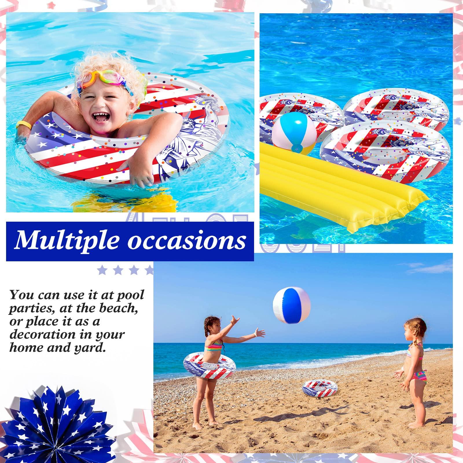 Wettarn Wettarn 4 Pcs 24 Inch Patriotic Inflatable Pool Float with Confetti USA Flag Swim Tube 4th of July Pool Tube Cool Pool Floaties Water Swimming Ring for Girls Boys Pool Toys Beach Lake Water Sports