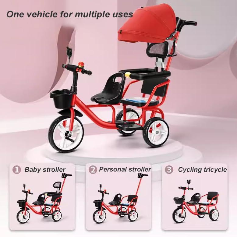 JIYIAN Twin Stroller Trike for Kids,Tricycle Stroller,Two-Seater Pedal Bicycle with Spacious Rear Adjustable Seat/Removable Rear Push Handle/Enlarged Pedals,Red,Style 4