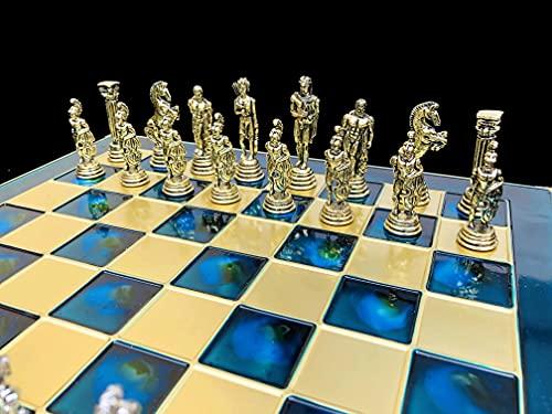 The Chess Empire The Chess Empire --Greek Warrior Complete Metal Weighted Luxury Chess Set with 32 x 32 cm Turquoise Oxidation Chess Board with Chess Pieces-Luxury Metal Unique Chess Set