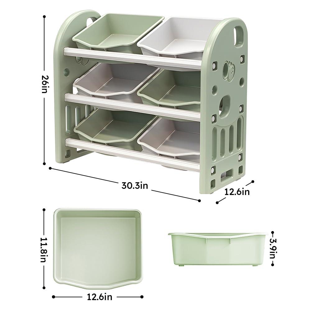 ToysCentral Basics Kids Toy Storage Organizer, 3-Tier Multi-Functional Toy Shelf and 6 Toy Bins, Large Storage Capacity Toy Storage Cabinet for Kids Room, Playroom, Nursery Room(Light Green)