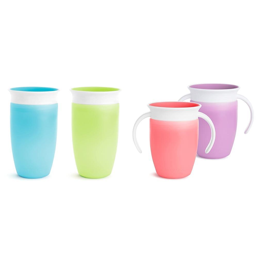 Munchkin Munchkin Miracle 360 Toddler Sippy Cup, Spill Proof, 10 Ounce, 2 Pack, Green/Blue & Miracle 360 Trainer Sippy Cup with Handles, Spill Proof, 7 Ounce, 2 Pack, Pink/Purple