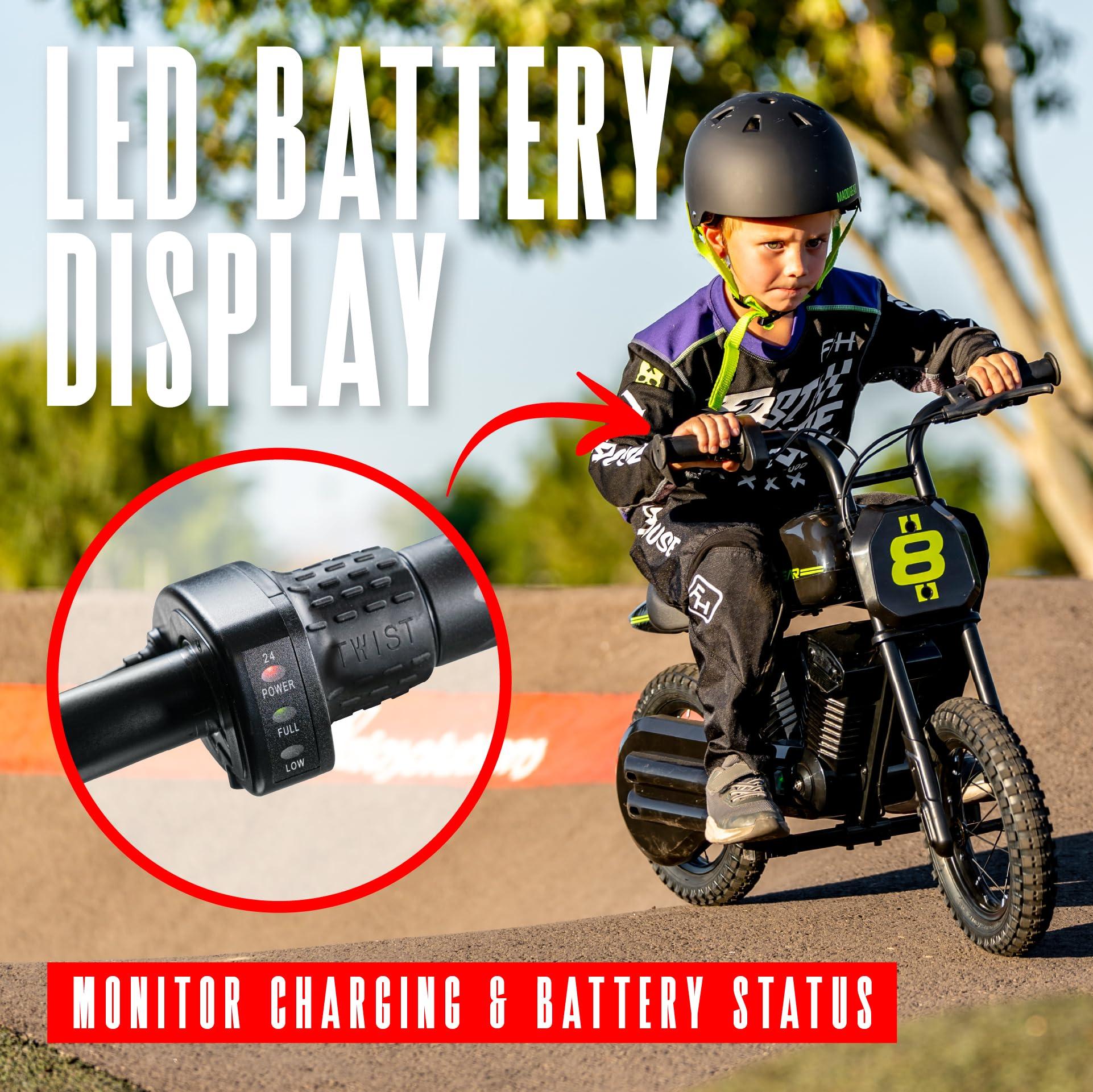 Madd Gear Madd Gear 24-Volt My 1st Mini Electric Dirt Bike for Kids Ages 5-8 - Dual Speed Up to 10 MPH, 12\" Tires, 7.5 Mile Range, 110 lbs Max Capacity - Lightweight, Safe Electric Motorcycle