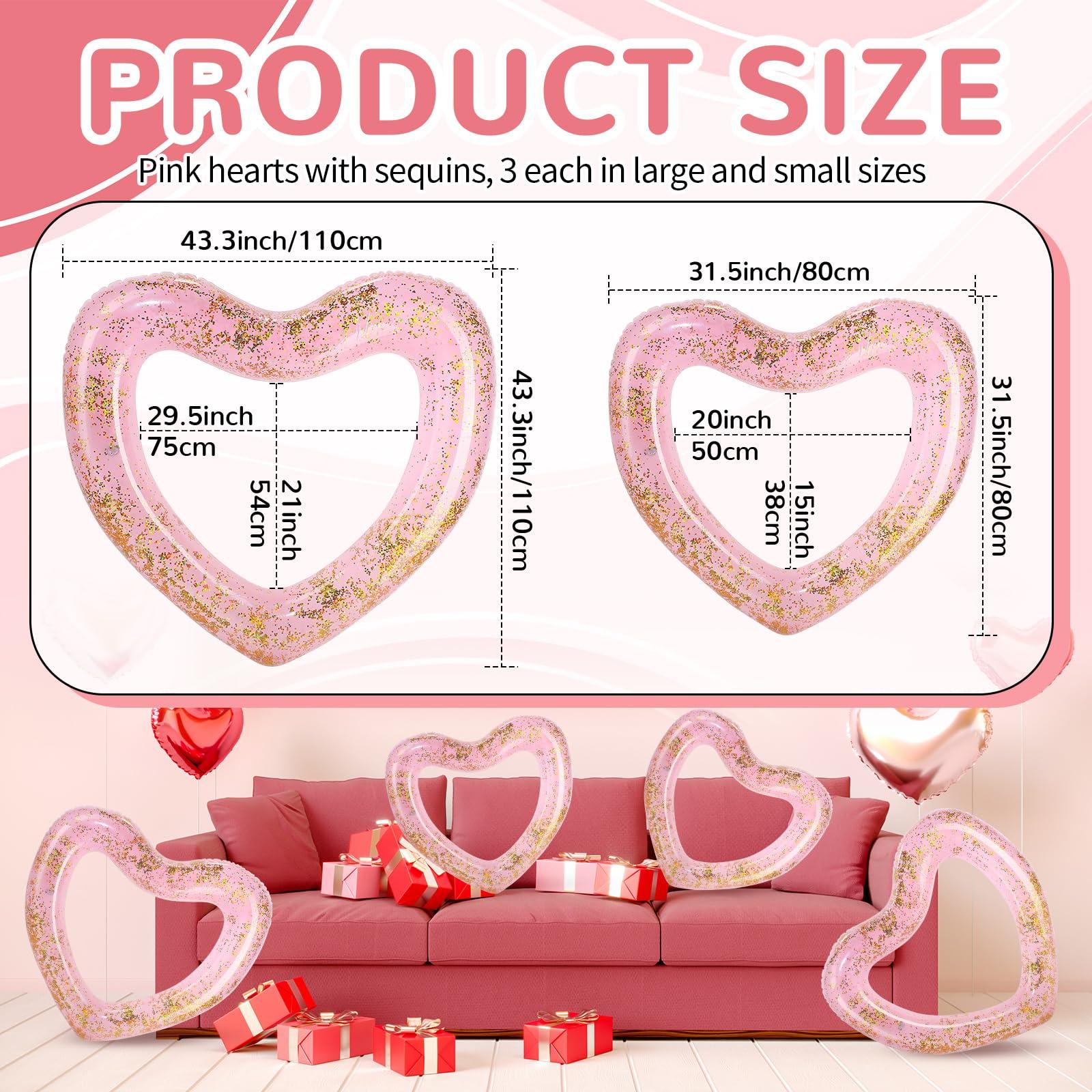 Lenwen Lenwen 6 Pcs Heart Pool Float, 43\"/31\" Inflatable Glitter Heart Floatie Tubes Heart Bachelorette Party Prop Heart Summer Swimming Ring for Wedding Betrothal Party Decor(Light Pink)