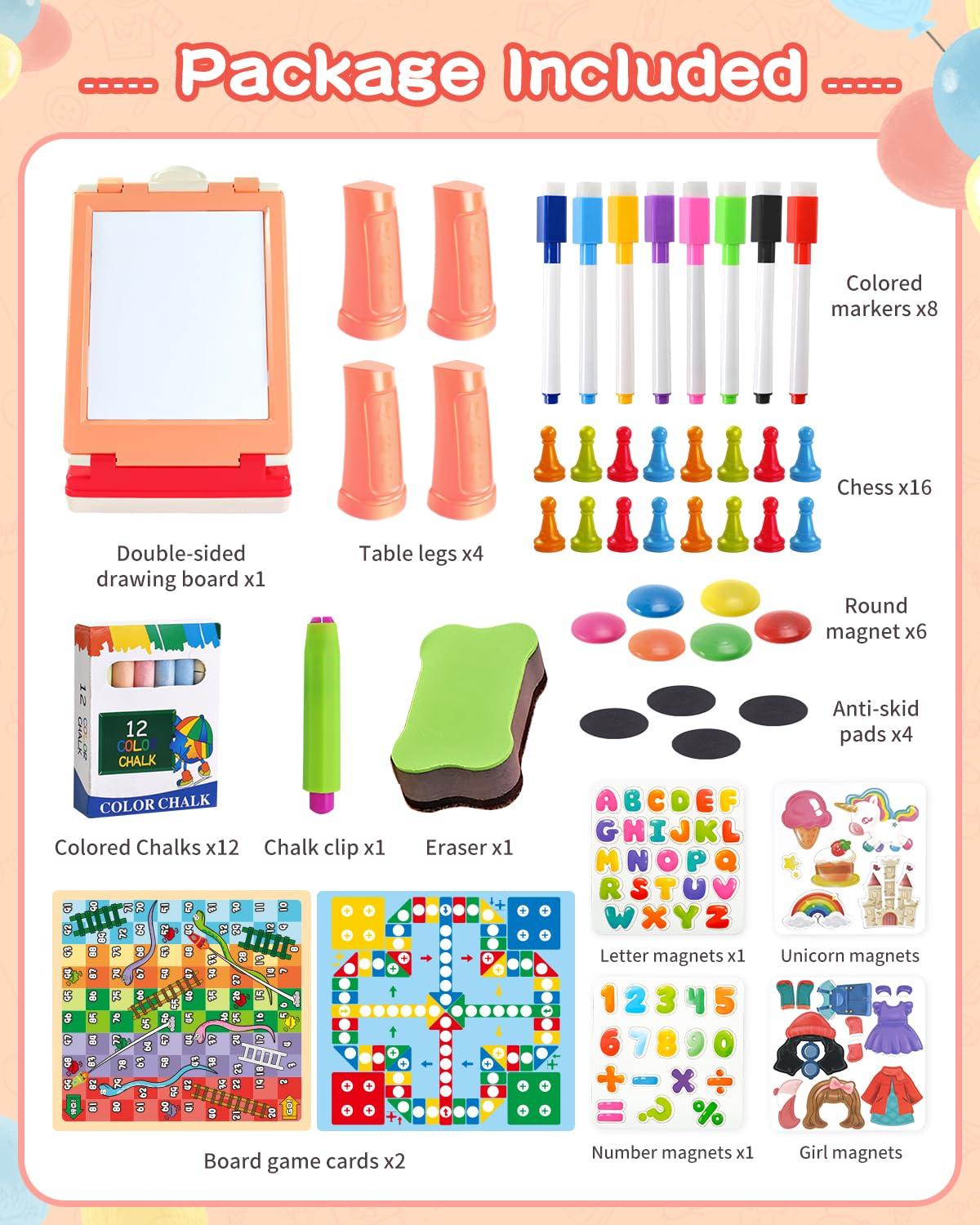 Elovien Elovien Tabletop Easel for Kids, Foldable Art Easel for Toddler,Double Sided Kids Easel with Chalkboard & Magnetic Dry Erase Board,Height Adjustable Desktop Easel, Educational Gift for Girls(Pink)