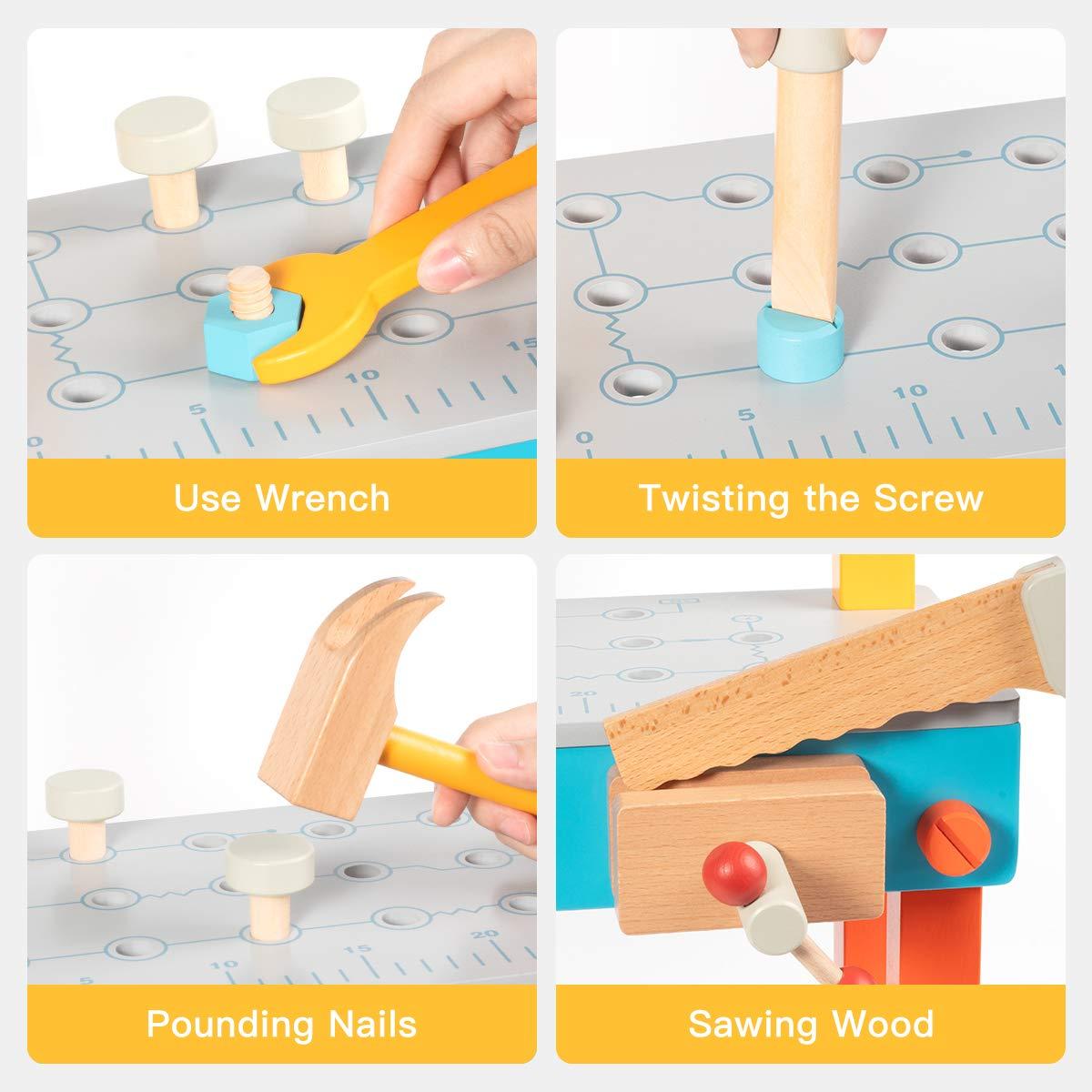 yoptote Mini Wooden Play Tool Workbench Set for Kids & Toddlers,Building Pretend-Play-Toys with Wrench,Screwdriver,Miter Saw and Hammer,Birthday for Boys Girls 3 Year Old and Up