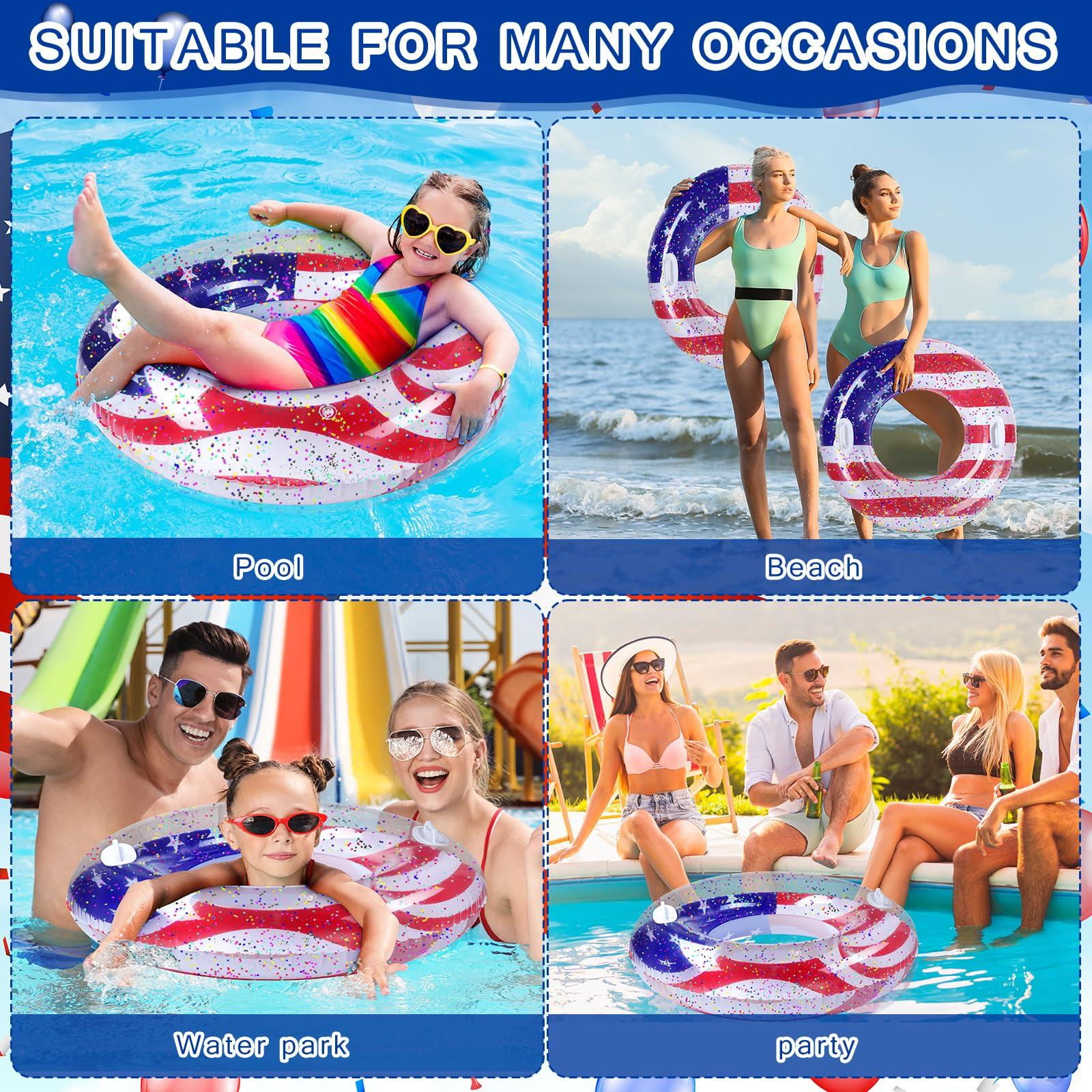 Leitee Leitee 2 Pcs Patriotic Inflatable Pool Float Tube with Handles USA Flag Inflatable Pool Float with Confetti Design Swimming Ring Float Summer Floaties for Adults Kid Beach Party (48 inch)