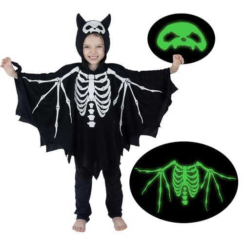 Webeasy Webeasy Glow in the Dark Skeleton Bat Cape Costume Kids,Halloween Bat Costume for Girls and Boys 7-9years