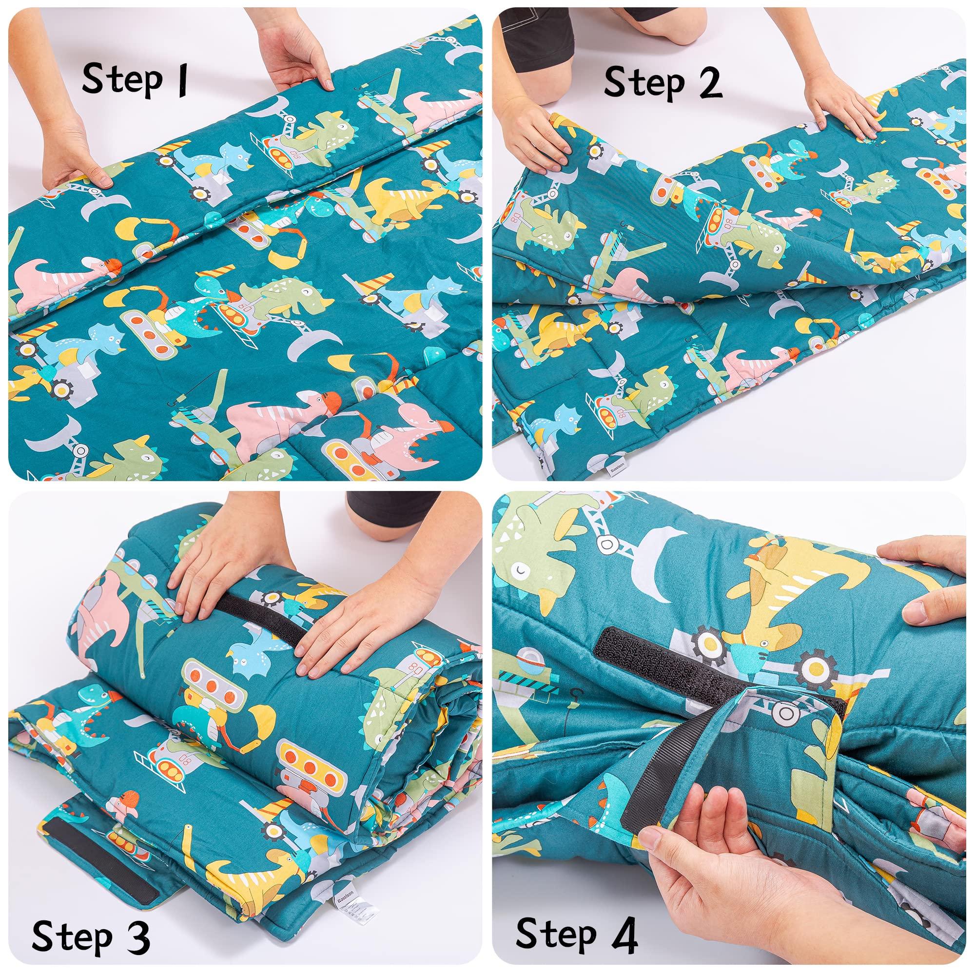 Rossison ROSSISON Nap Mat with Pillow and Blanket 100% Cotton with Microfiber Fill, Padded Sleeping Mat, for Daycare Preschool Toddler Prek Boys Girls Kids (Dinosaur Driver, Extra Long-56\"x20\")