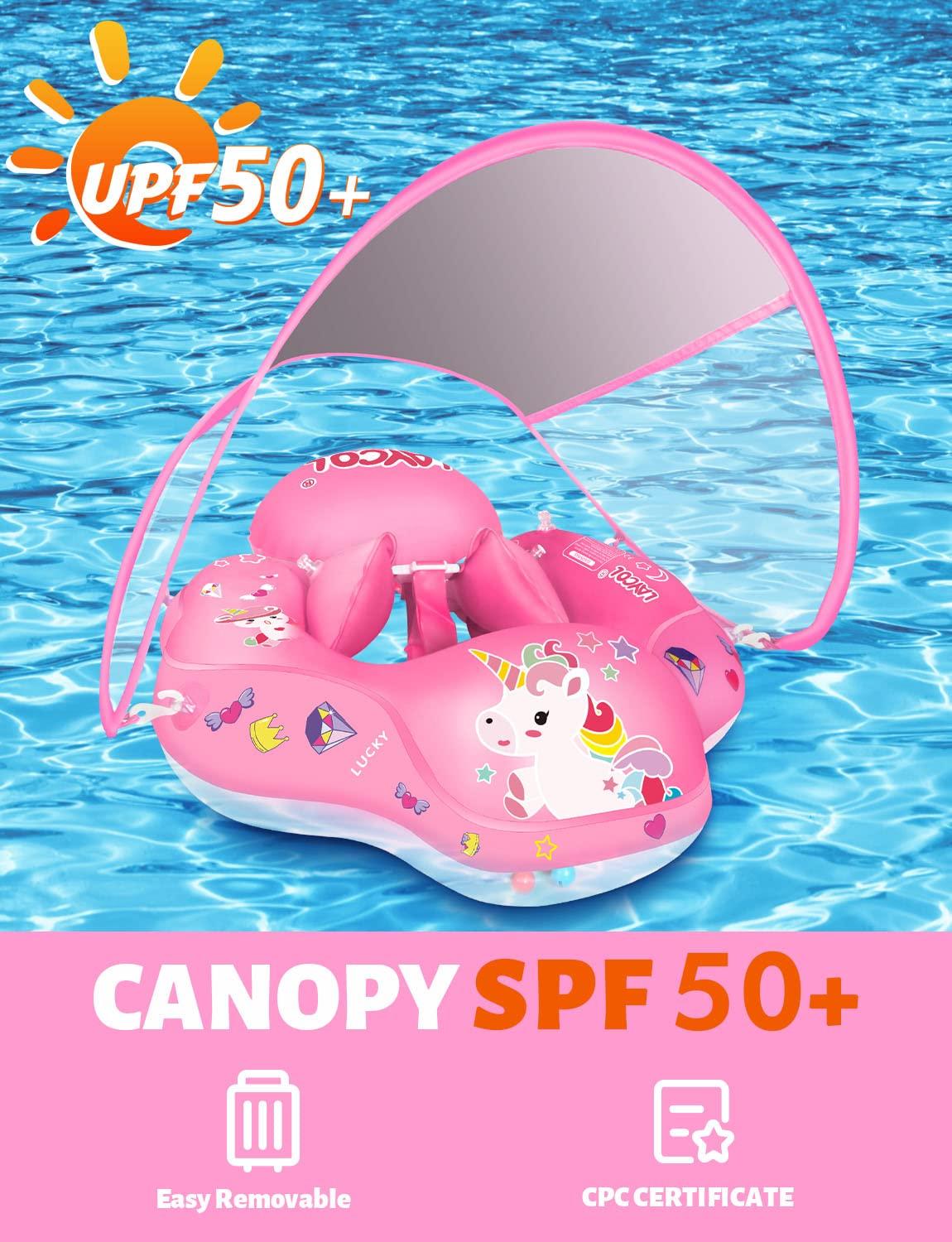 LAYCOL LAYCOL Baby Swimming Float Inflatable Baby Pool Float Ring Newest with Sun Protection Canopy,add Tail no flip Over for Age of 3-36 Months (Unicorn, S)