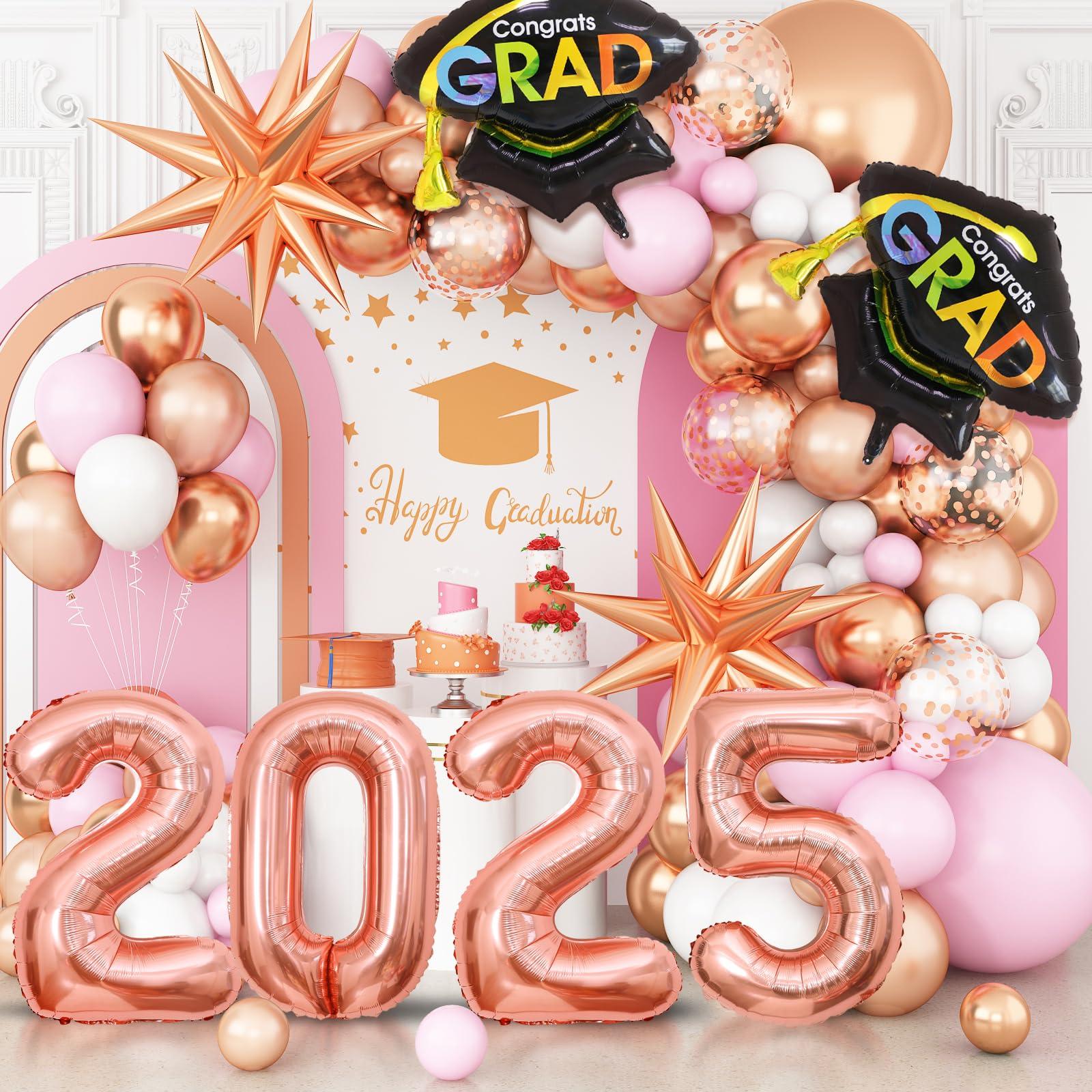GRESATEK Graduation Balloons Garland Arch Kit, Graduation Balloons Class of 2025, Rose Gold and Pastel Pink White Balloons with Graduation Class Foil Balloons for 2025 Graduation Party Decor