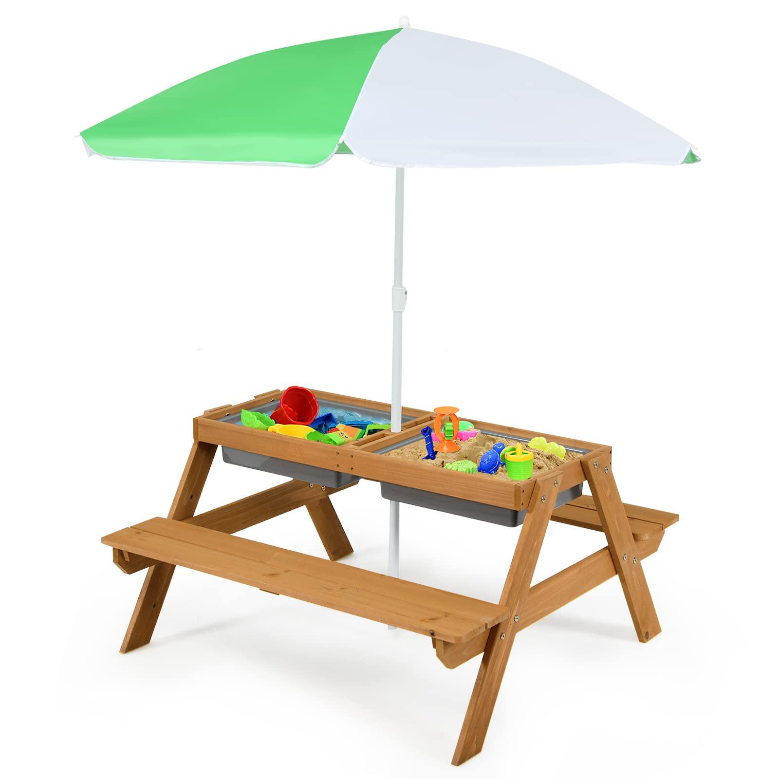 Costzon Costzon Kids Picnic Table, 3 in 1 Sand & Water Table w/Height Adjustable Umbrella, Removable Tabletop, Children Outdoor Toy Playset w/2 Play Boxes, Wooden Convertible Activity Play Table
