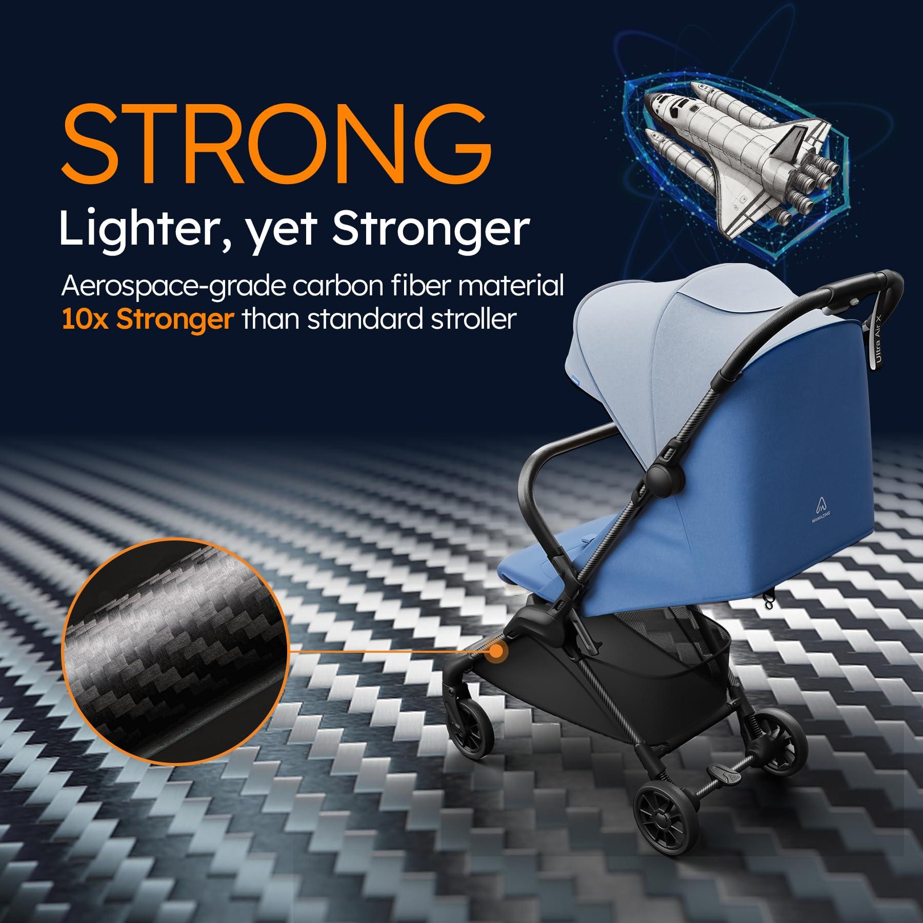 MAMAZING Lightweight Baby Strollers for Airplane, Ultra-Compact Travel Stroller, Light & Strong Portable Toddler Stroller with Carbon Fiber Frame and UPF 50+ Waterproof Fabric, Only 9.9 lbs, Blue