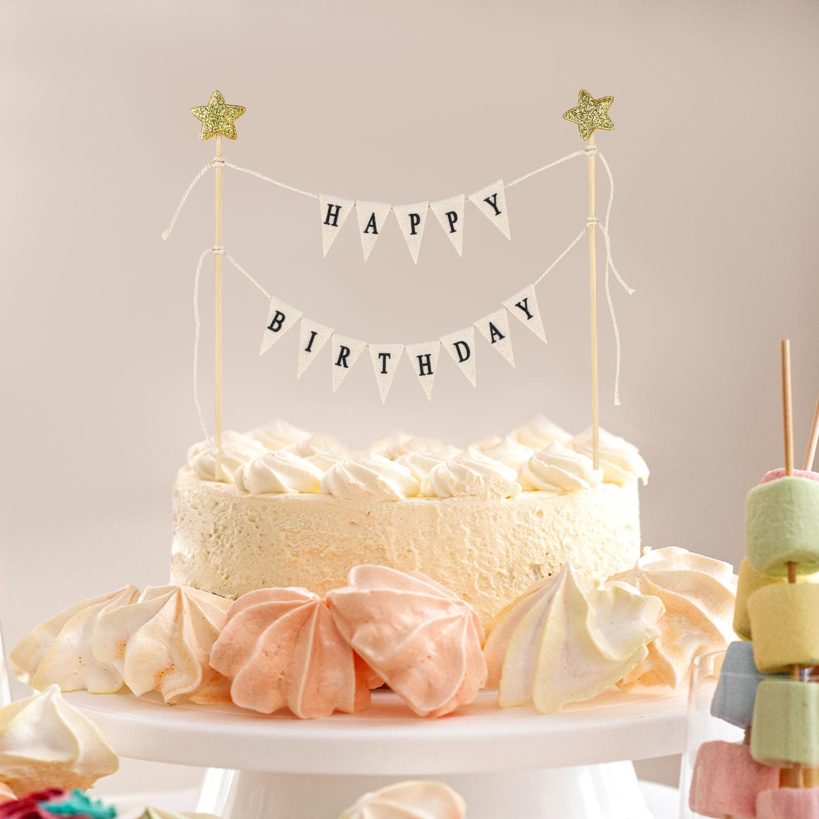 Aeaocvo Happy Birthday Cake Banner Personalized Birthday Cake Toppers, Handmade Linen Pennant Flags with 7.9 in Bamboo Polls, Birthday Party Decoration Supplies for Cakes Cupcakes