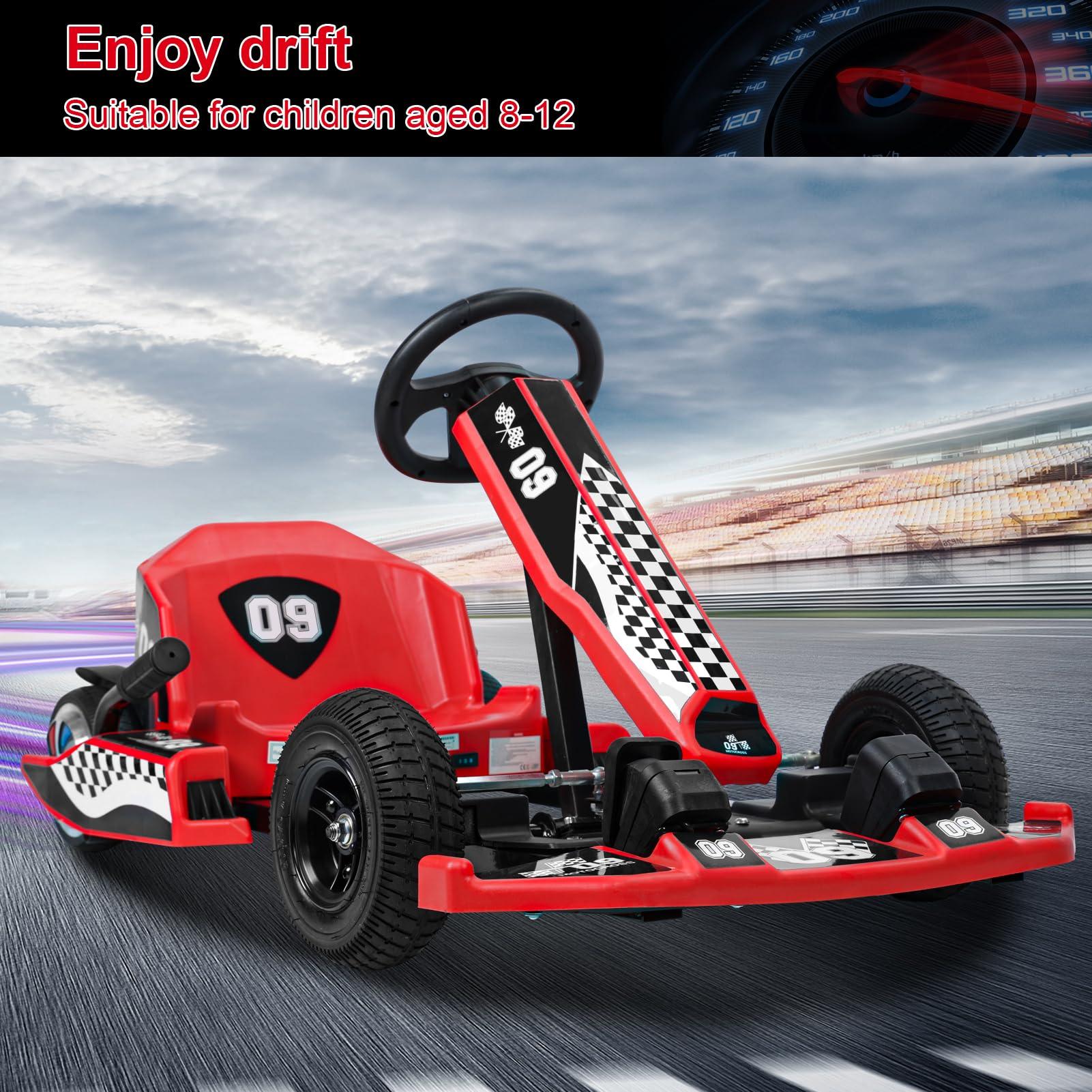 LINASHI Electric Go Kart for Kids, 16 MPH Electric Drift Kart with 350W Motor, 36V 4.4Ah Battery, 4 Level of Adjustable Body Length 32" to 44", Drift Mode for Aged 8-12 (Red)