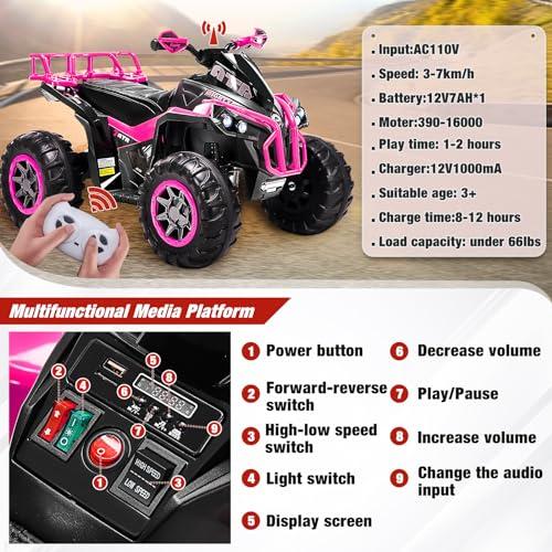 SOAR Soar Remote Control Four Wheeler for Kids - Electirc Toddler 4 Wheeler for Kids 3-6, Ride on ATV 12v Battery Powered, Kids Quad with LED Lights, Music, High Low Speed, USB/TF, Treaded Tires, Pink