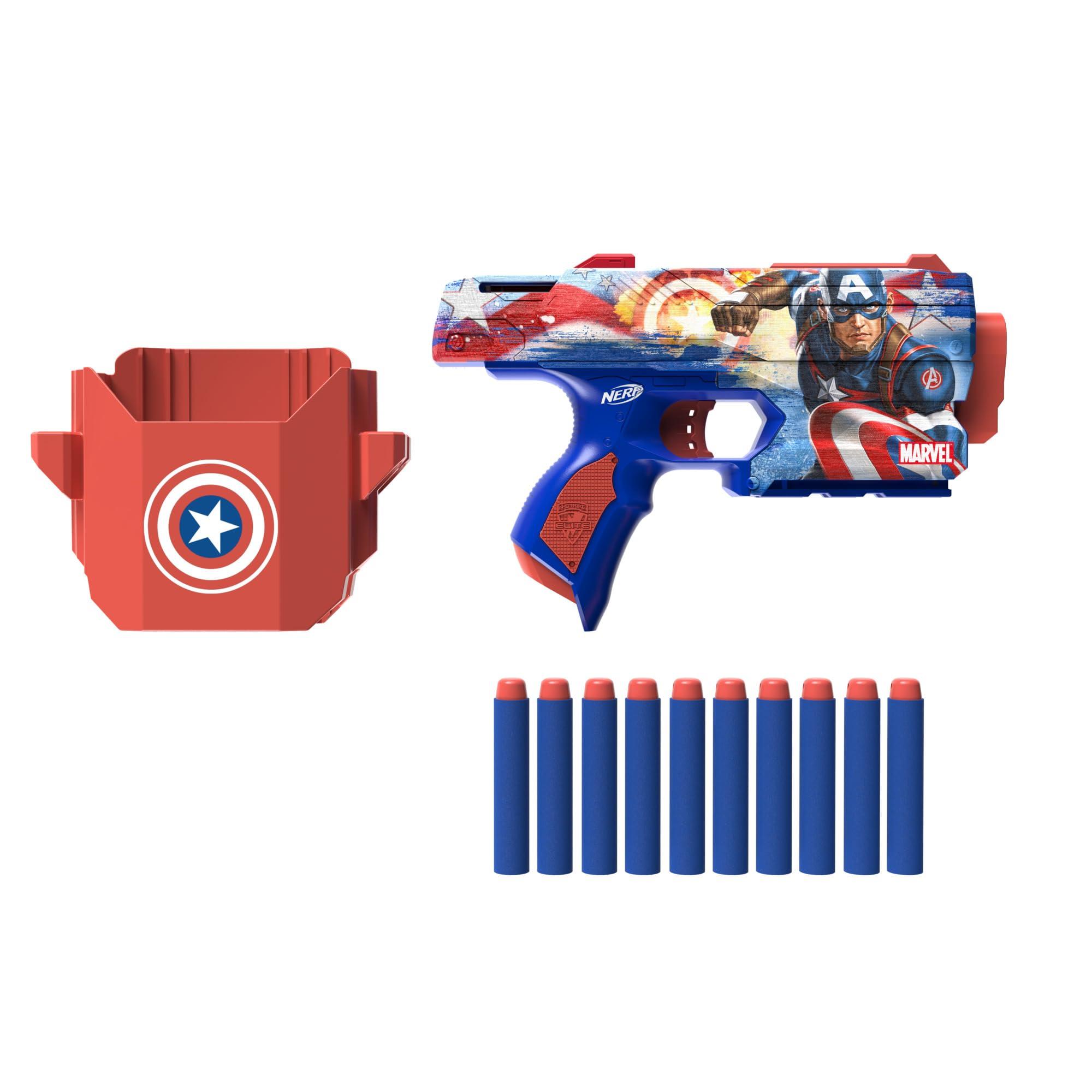 NERF NERF Marvel Captain America Dart Blaster, 10 Elite Darts, Holster, Toy Foam Blasters for 8 Year Old Boys & Girls & Up