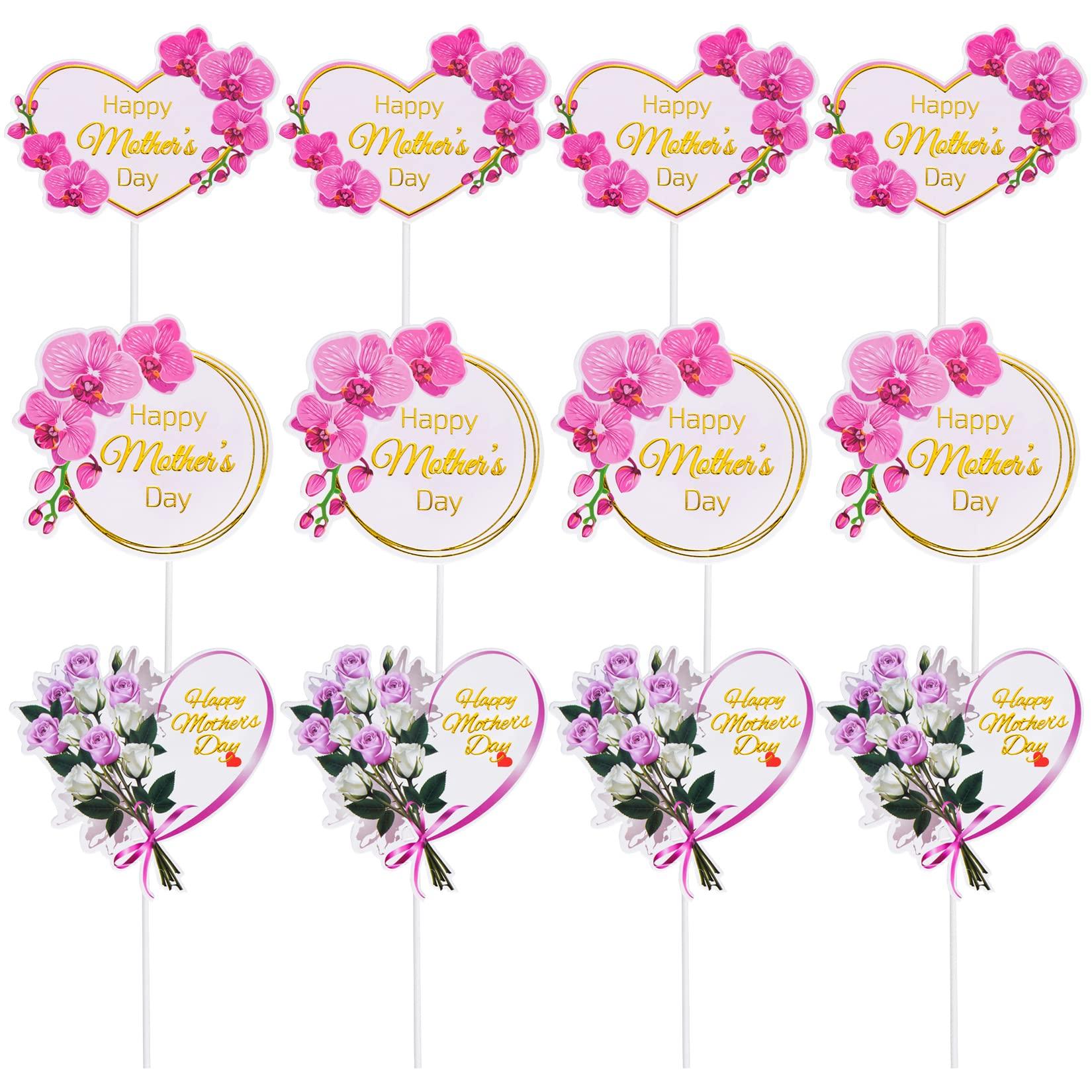 SUMERSHA SUMERSHA 12 Pieces Happy Mother's Day Cake Toppers Flower Cupcake Topper for Mother's Day Birthday Cake Decoration Party Supplies, 3 Styles