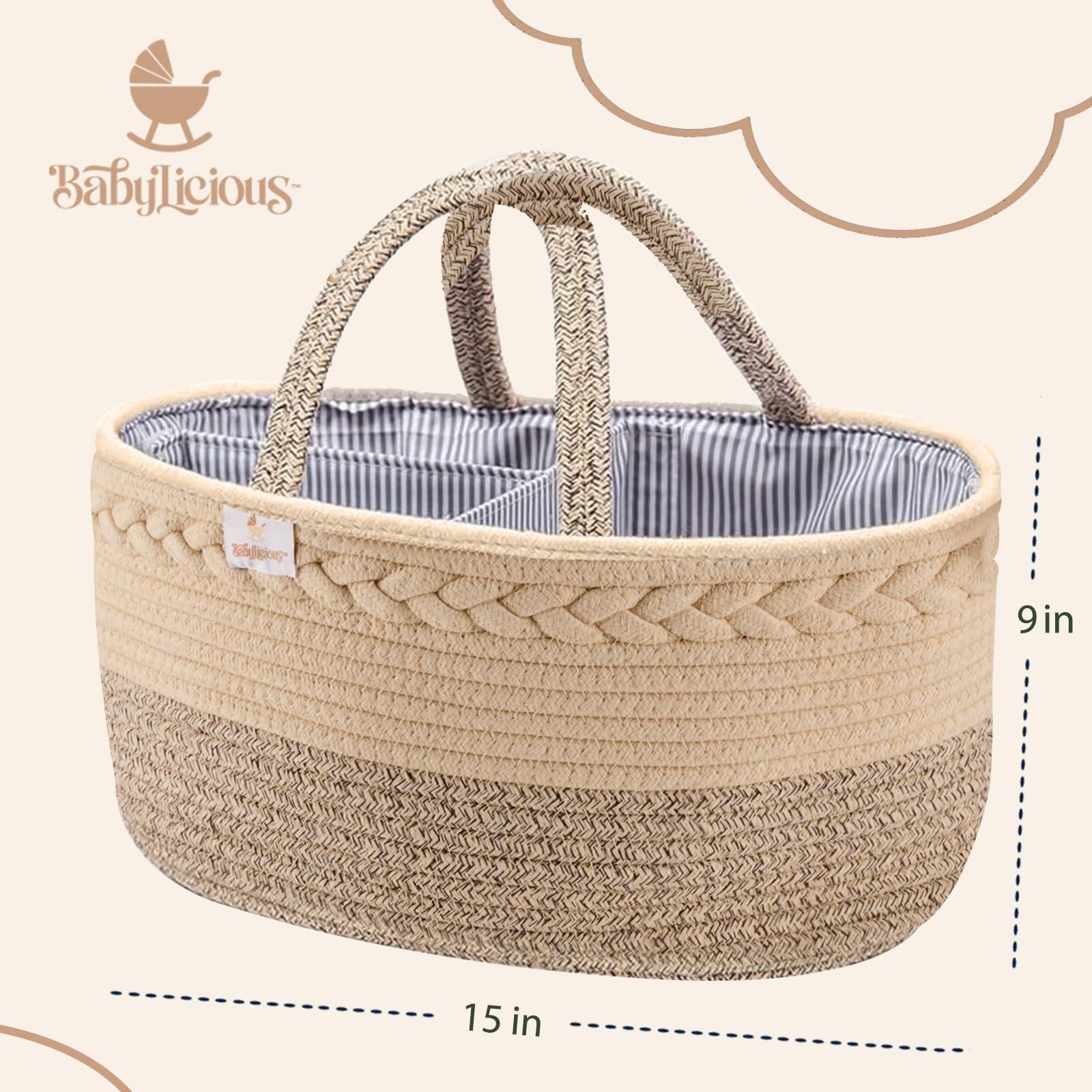 Babylicious Baby Diaper Caddy Organizer | Changing Table Organizer for Wipes and Diapers | Cotton Rope Diaper Organizer for Changing Table - Large | Newborn Essentials Must Haves for Parents - Sandy Beige