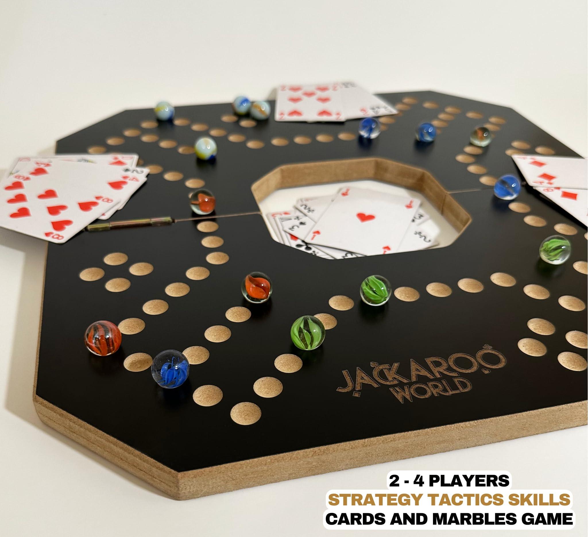 Jackaroo World Jackaroo Board Game - 2-4 Player Cards and Marbles Board Game - Marble Chase Game - Joker Game Board with Marbles - Marbles and Jokers Board Game Wooden Board Foldable and Open in The Middle (Black)