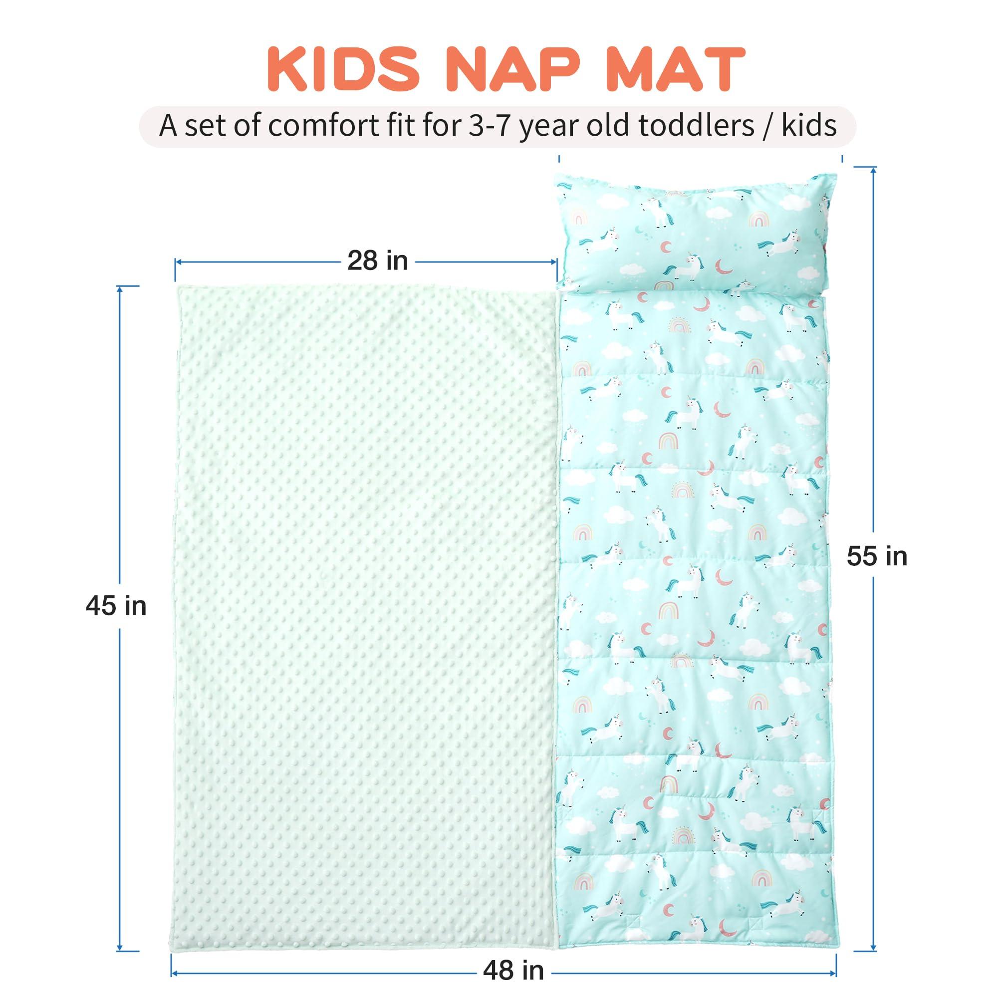 Bunnikins & Clover Bunnikins & Clover Toddler Nap Mat with Removable Pillow & Minky Blanket, Roll Up Nap Mats for Preschool, Soft Kids Sleeping Mat for Boys Girls Kindergarten Daycare