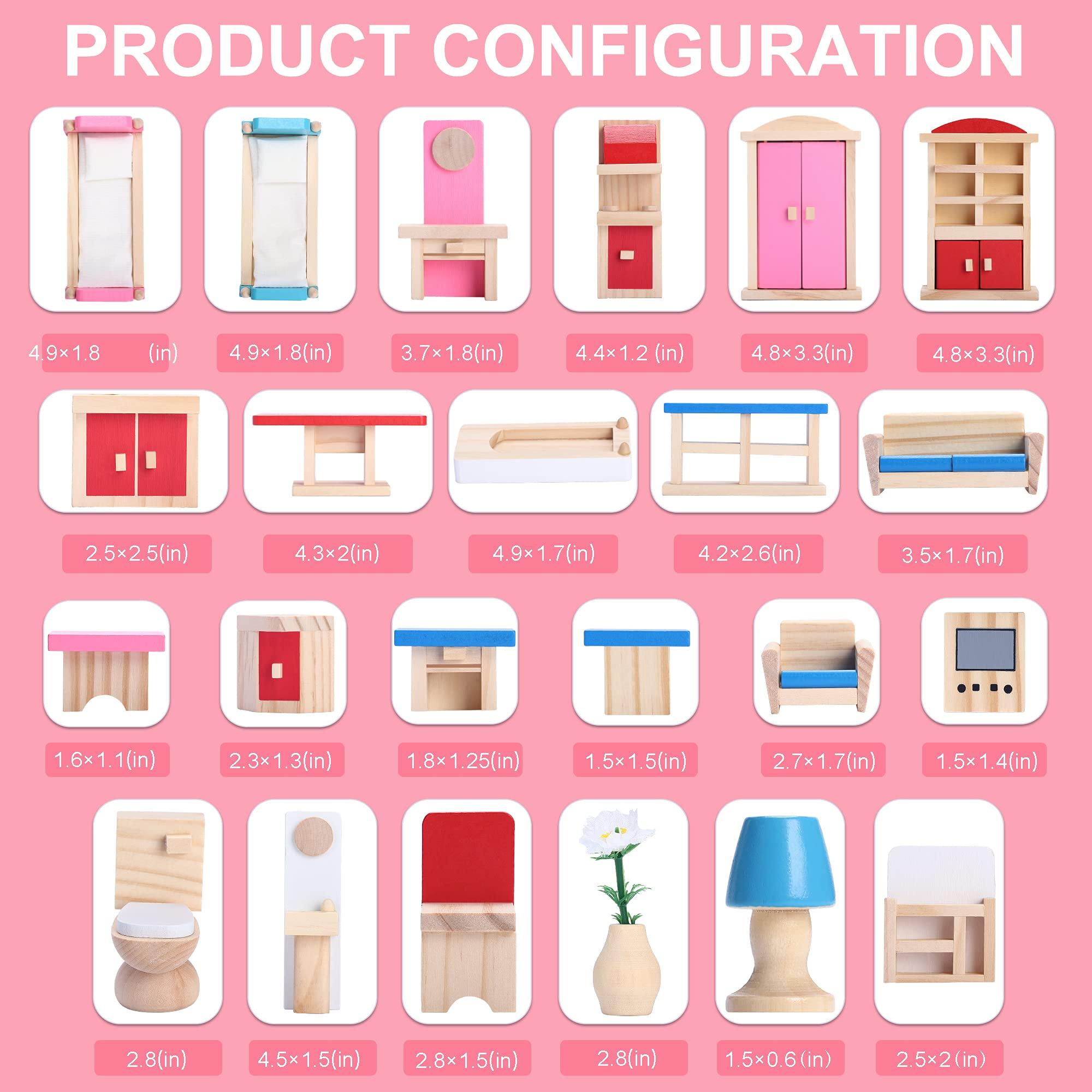 Giragaer Giragaer Wooden Dollhouse Furniture 5 Set, Wood Doll House Miniature Bathroom/ Living Room/ Dining Room/ Bedroom/ Kitchen House Furniture Doll Decoration Accessories Pretend Play Kids Toy Colorful…