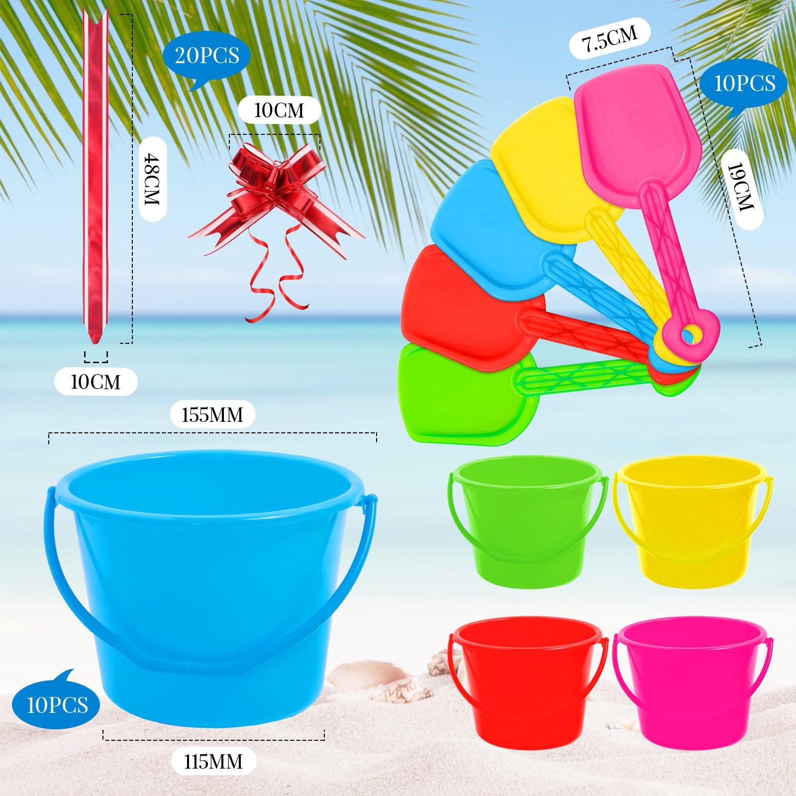Sratte 10 Sets Sand Buckets and Shovels Set for Kids Plastic Mini Beach Pail and Shovel with 20 Pcs Clear Treat Bags and 20 Pcs Pull Bows for Boys and Girls Summer Beach Holiday Birthday Party Favors