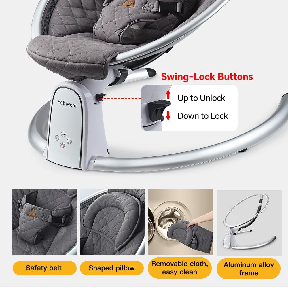 Hot Mom Hot Mom Upgrade Cotton Electric Baby Bouncer for Infant,Bluetooth Baby Swing Enabled Automatic, Baby Rocker Inset Music Speaker, Baby Chair Intelligent Timing & LED Touch Screen (Dark grey1)