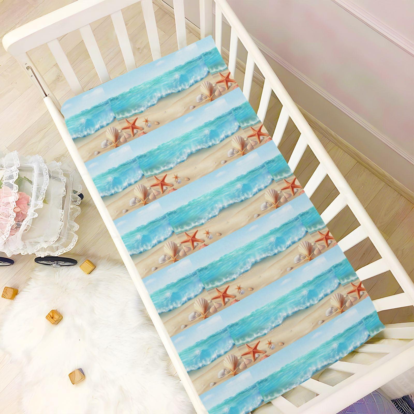 STAYTOP STAYTOP Blue Sky Beach Shell Crib Sheets Girl & Boy,Toddler Bed Sheets Set,Airplane Pattern Fitted Crib Sheet for Standard Crib & Toddler MattressM, M:52289in