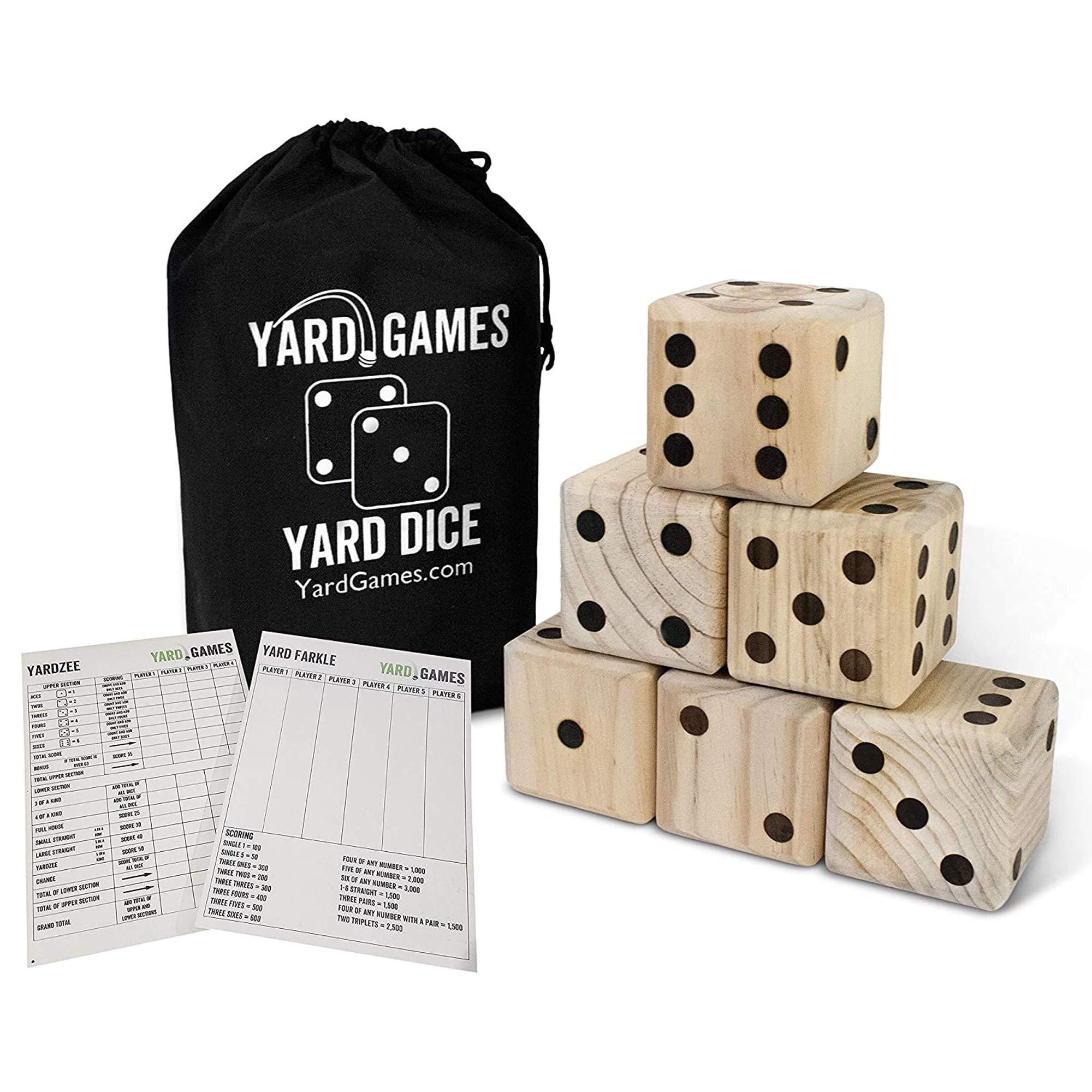 Yard Games Giant 3.5" Wooden Yard Dice with Laminated Yardzee and Farkle Scoresheets and Durable Carrying Case