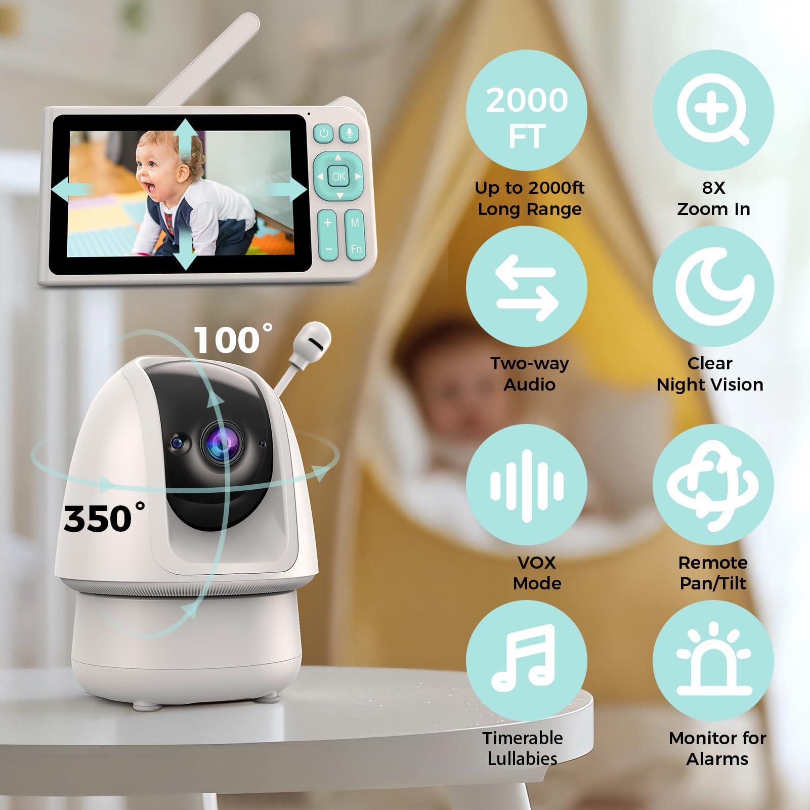 Cyanpink Video Baby Monitor, 2000ft Long Range, Enhanced Signal Stability, No WiFi, 5" HD Screen, 5000mAh, 1080p Camera, Super Clear Night Vision, Pan-Tilt-Zoom, 2-Way Audio, AI Cry & Motion Alarm