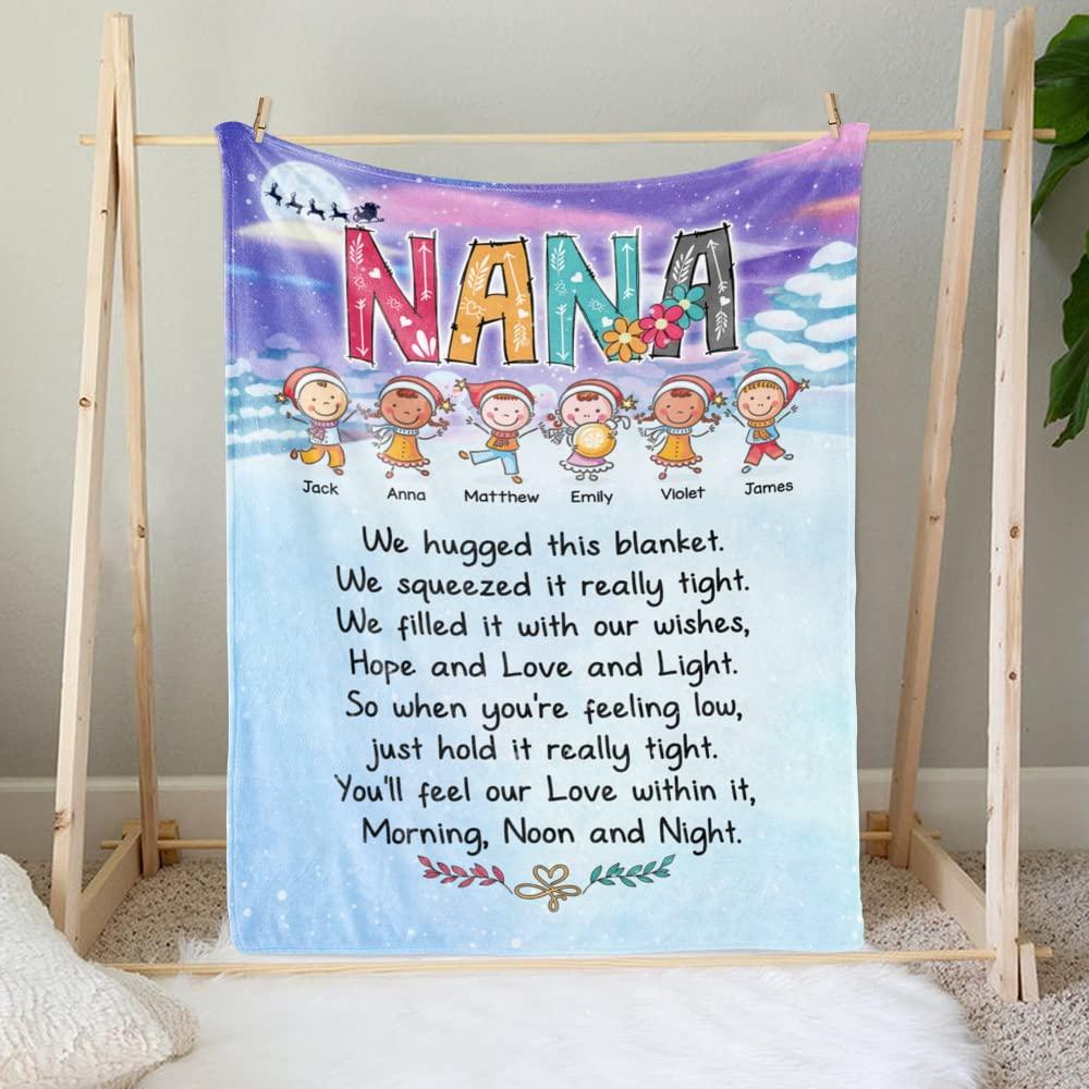 Gossby Gossby Personalized Nana Fleece Blanket - We Hugged This Blanket (6 Kids) - Xmas Blanket Gift for Grandma with Avatars, Names from Grandkids - 3 Sizes - Custom Nana from Grandchildren