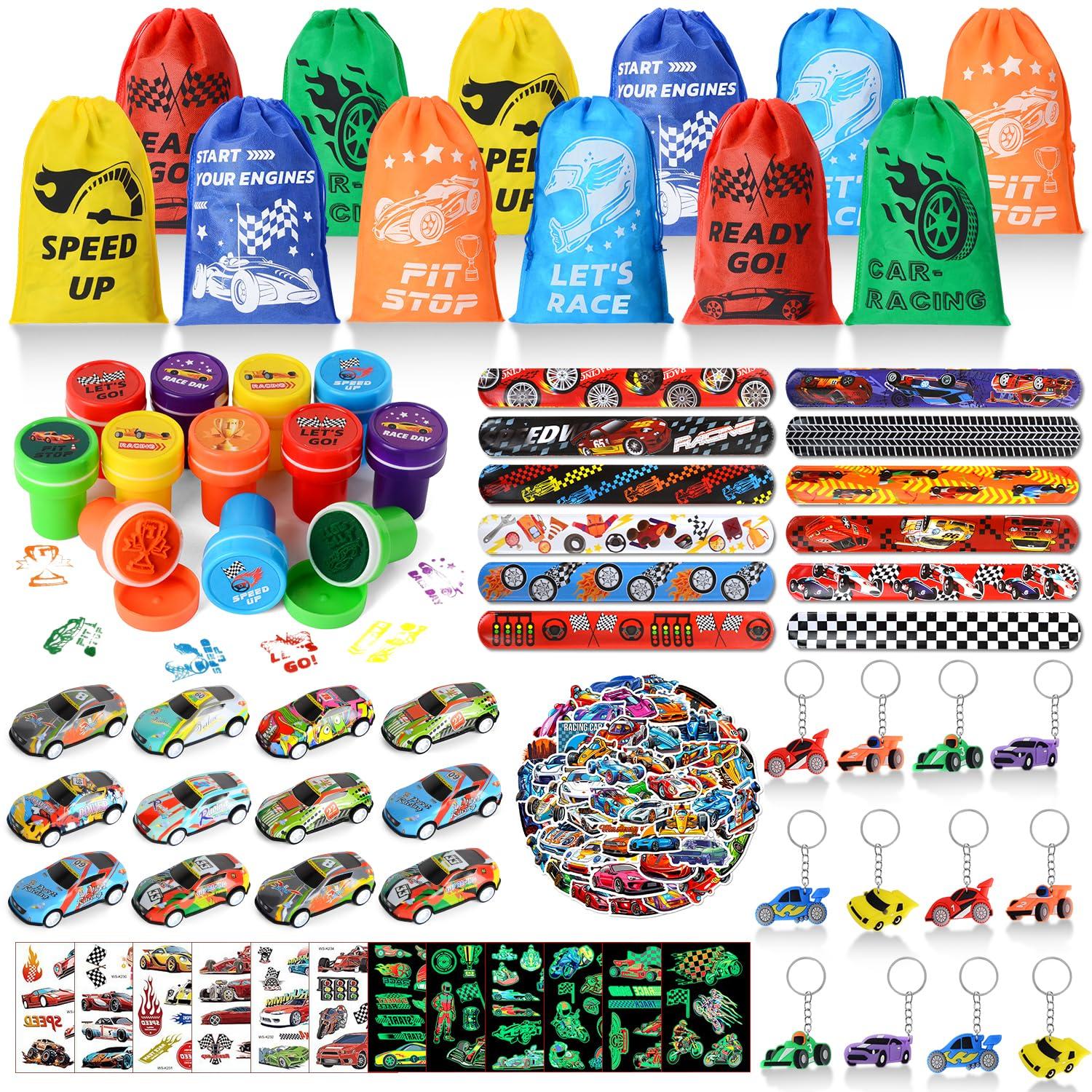 KISPATTI 122 PCS Race Car Party Favors, Racing Birthday Party Favors with Pull Back Cars Drawstring Bags Slap Bracelet Keychain Stamper Tattoo Stickers, Racecar Theme Party Supplies Goodie Bag for Boys Kids