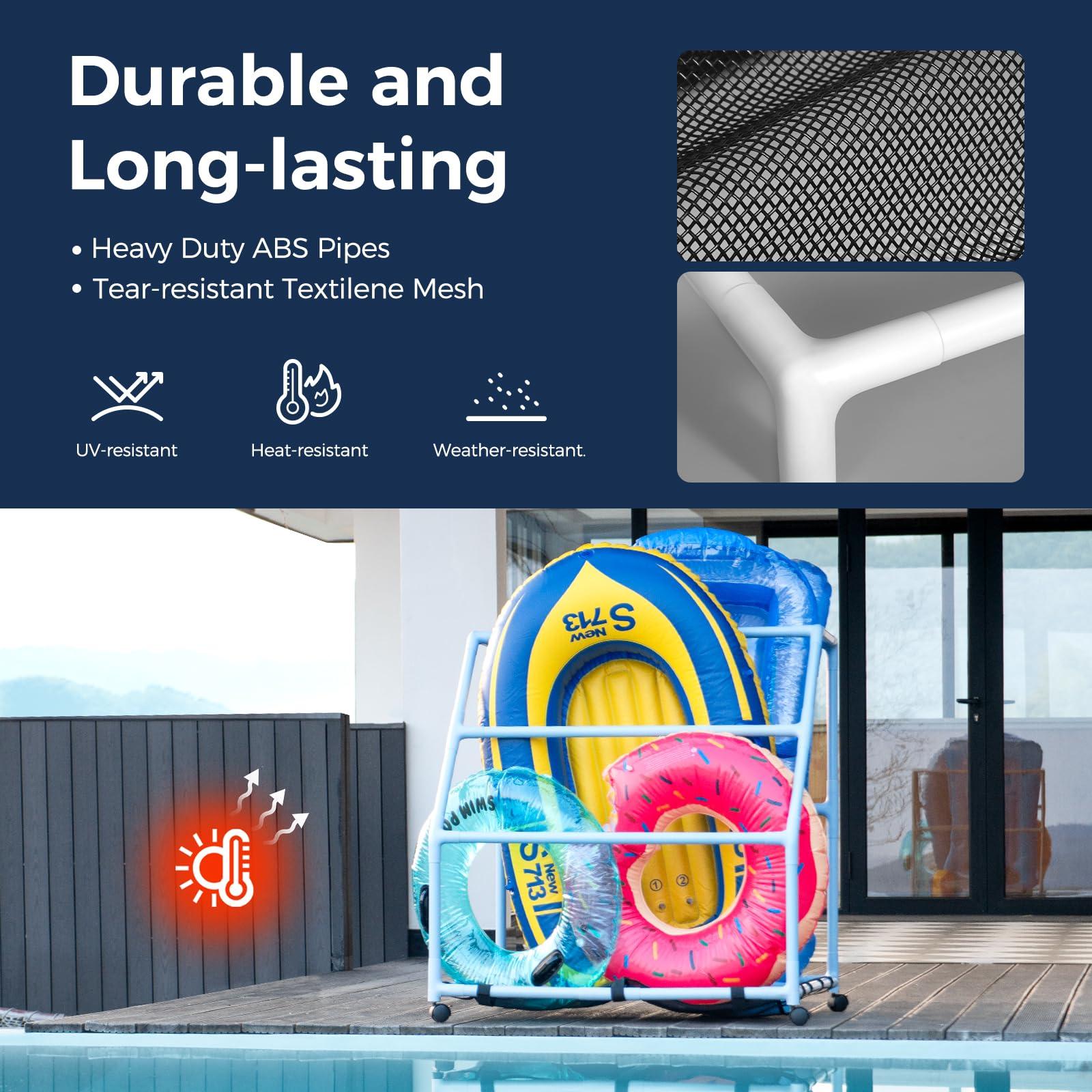 POOL FELLOWS POOL FELLOWS Pool Float Holder, Poolside Float Storage, Rust-Proof Float Rack, Anti-UV Float Organizer, Outdoor Pool Float Container for Floaties, Noodles, (Light Blue, Basic Plus)