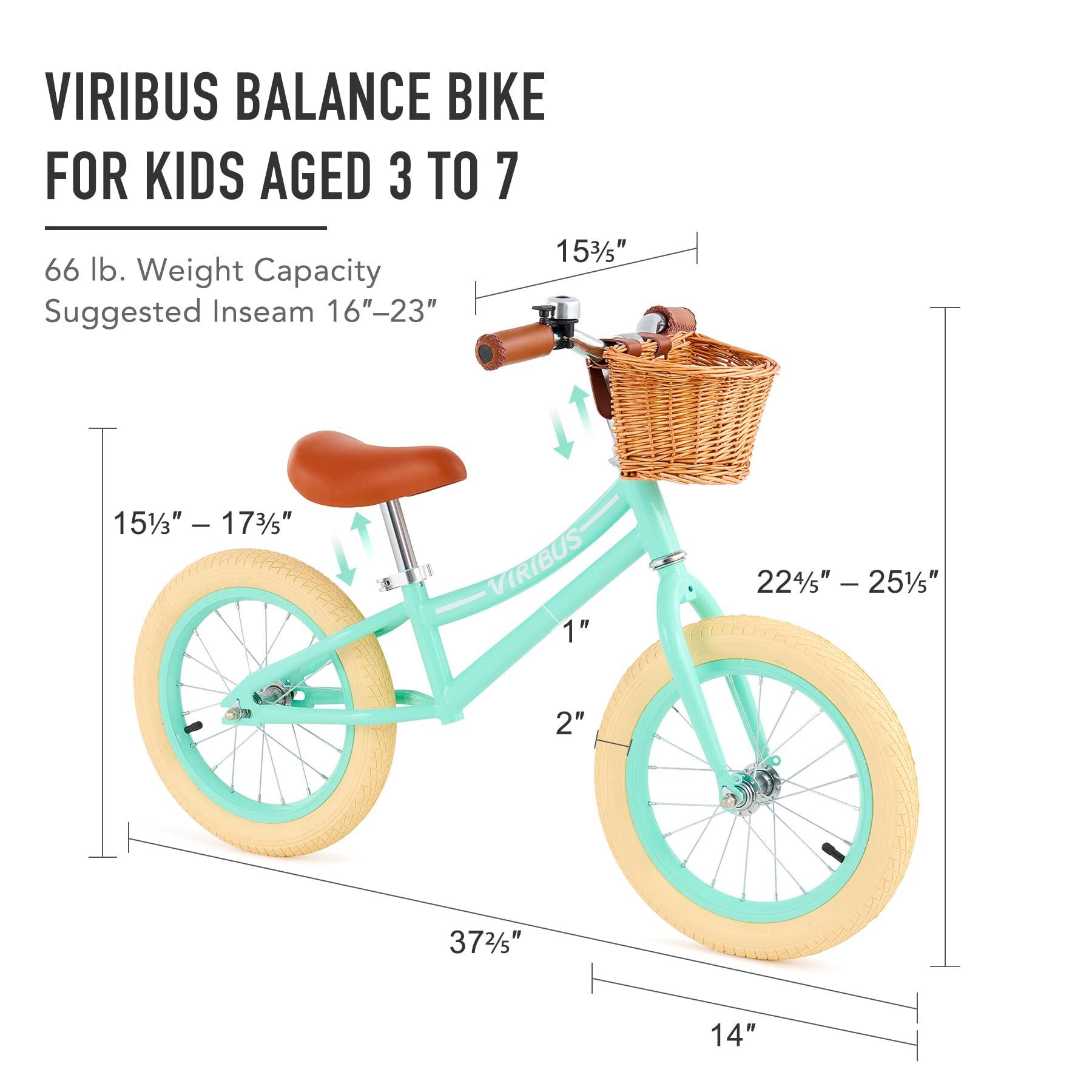Viribus Viribus Balance Bike, 14 inch Balance Bike for 3+ 4 5 6 7 Year Old, Balance Bike with Basket for Big Kids, Kid Balance Bikes Boy Girl with Rubber Tire, Carbon Steel Frame, Outdoor Toy, Mint 66 lb.