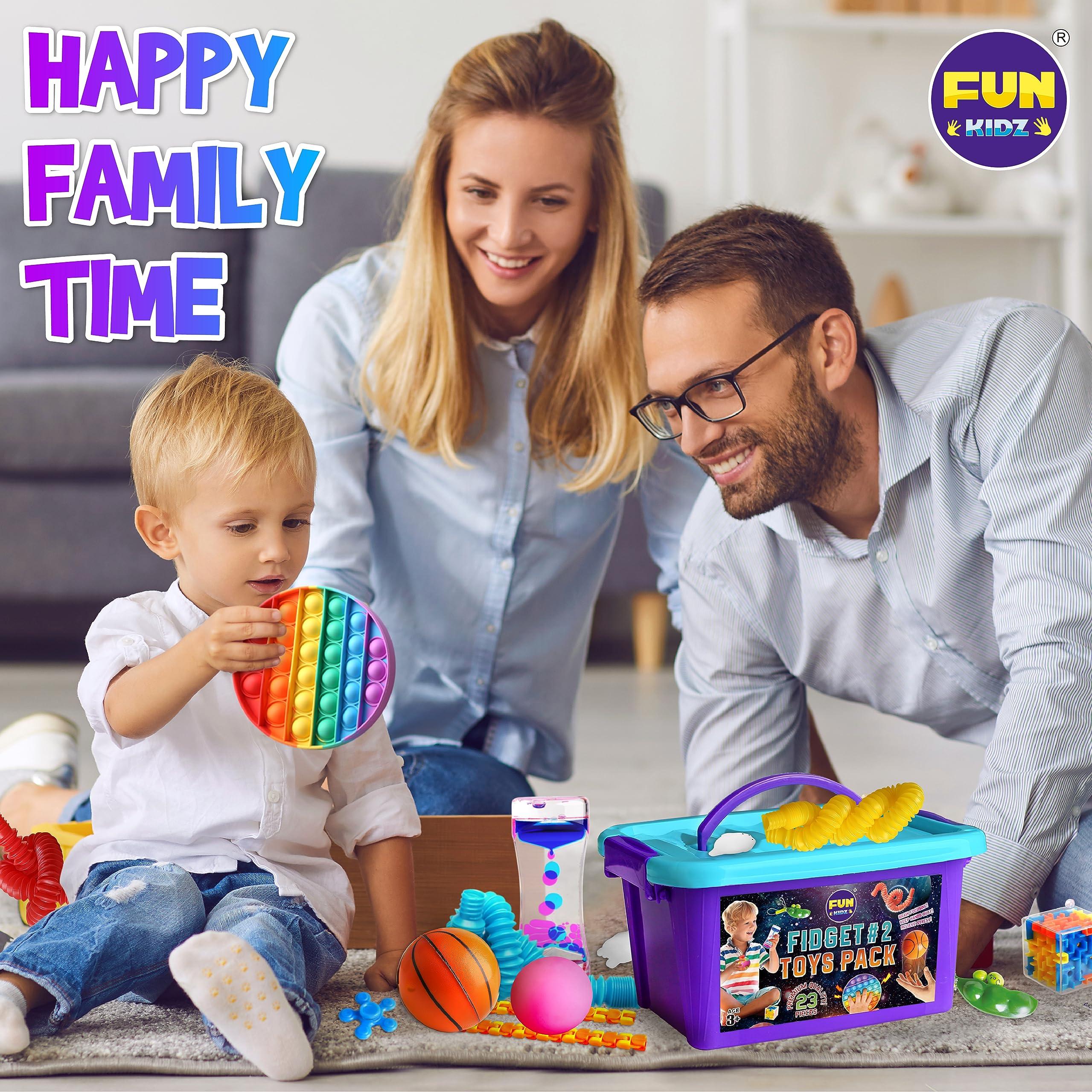 FUN KIDZ Fidget Pack Box for Boys Girls 4-12, FunKidz Fidget Toys for Kids 5-7 Autistic Sensory Mystery Birthday Gifts in Reusable Portable Treasure Box Nice Party Favors