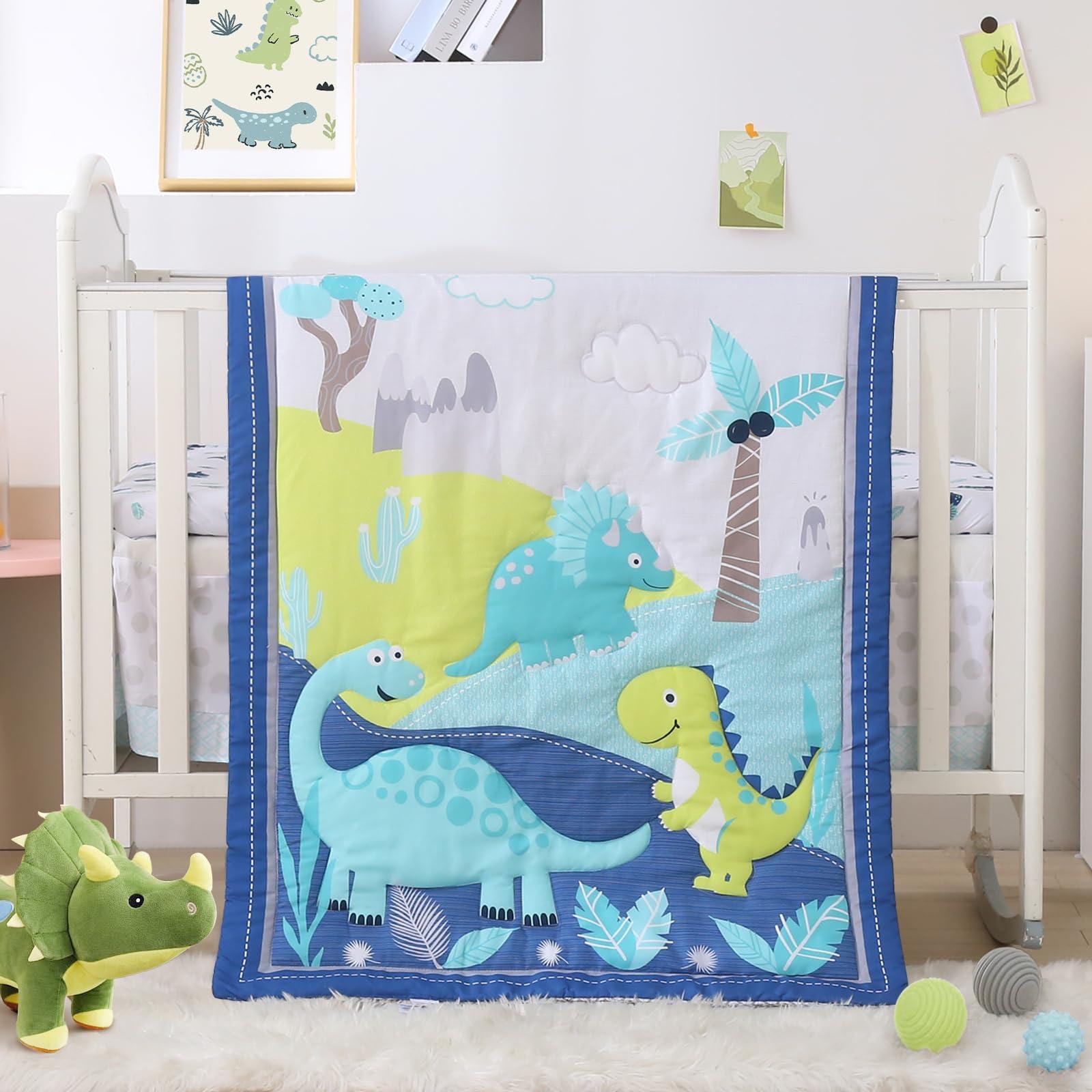 Wowelife Wowelife Dinosaur Mini Crib Bedding Set for Boys Blue Premium 3-Piece Baby Bedding Sheet Set Dinosaurs Nursery Crib Set Crib Comforter Set Breathable and Soft for Baby