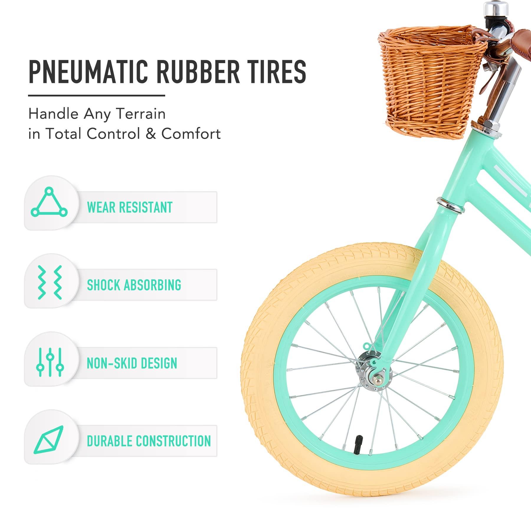 Viribus Viribus Balance Bike, 14 inch Balance Bike for 3+ 4 5 6 7 Year Old, Balance Bike with Basket for Big Kids, Kid Balance Bikes Boy Girl with Rubber Tire, Carbon Steel Frame, Outdoor Toy, Mint 66 lb.