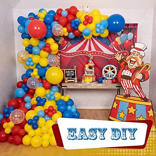 SHERYL DECOR ALL-IN-1 Circus Balloons Arch Kit & Garland for Carnival Party Decorations Theme Primary Color Balloons in Red Blue Yellow & Rainbow Confetti Baby Shower Circus Birthday Party Supplies