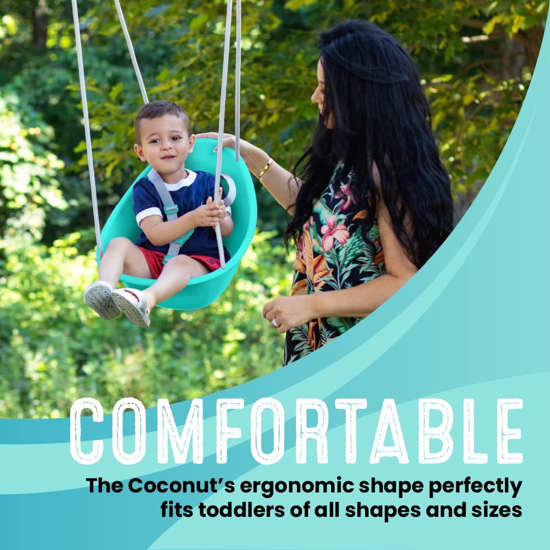 Swurfer Swurfer Coconut Toddler Swing Comfy Baby Swing Outdoor, 3- Point Adjustable Safety Harness, Secure, Safe Quick Click Locking System, Blister-Free Rope, Easy Installation, Teal