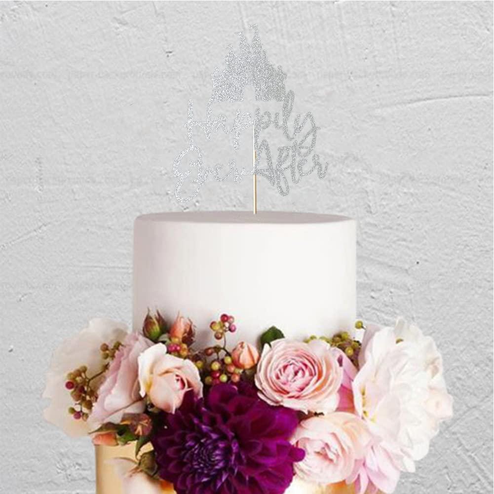 QXQXBA Happily Ever After with Castle Cake Topper Cinderella Castle Wedding Cake Decoor Engagement Bridal Shower Party Decorations Silver Glitter