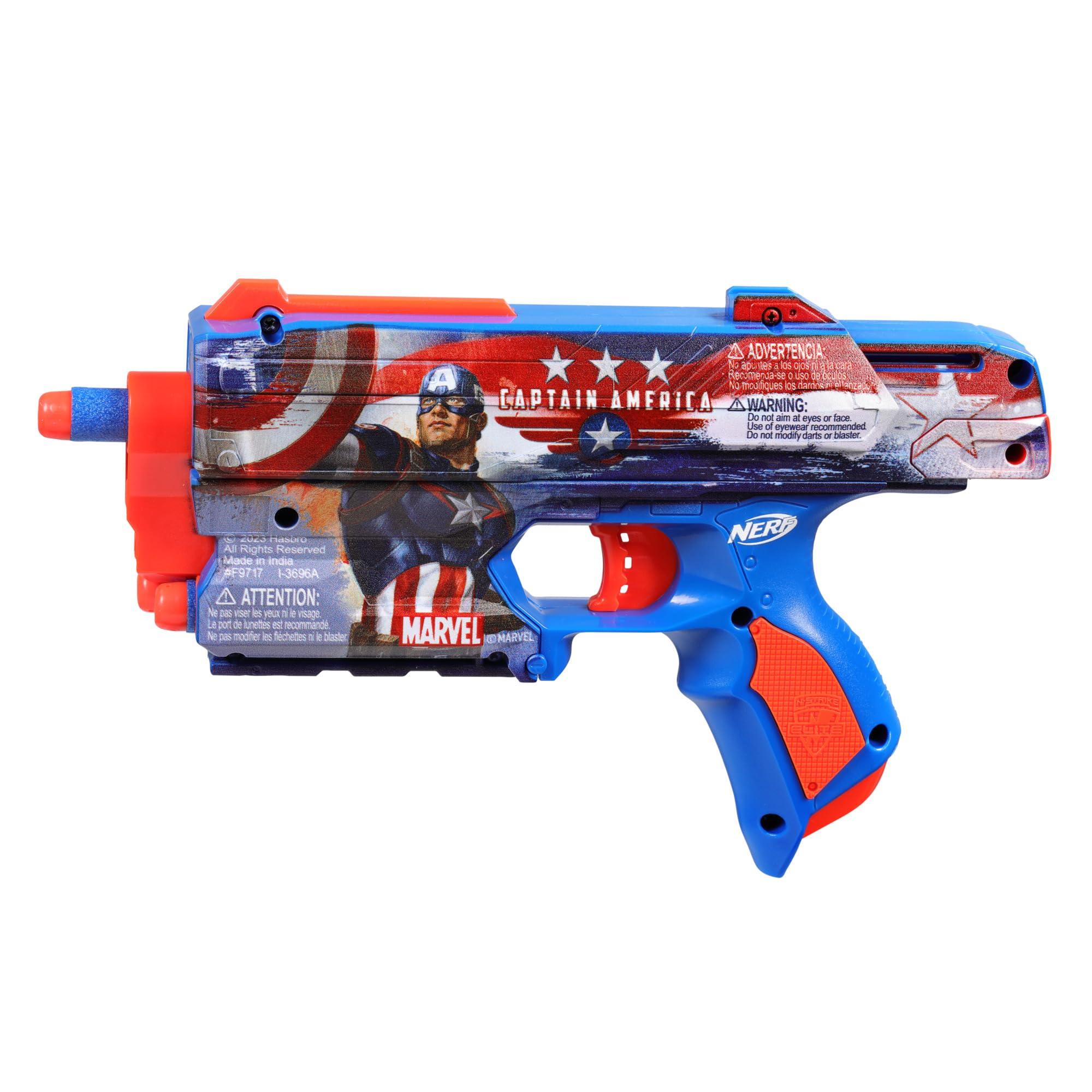 NERF NERF Marvel Captain America Dart Blaster, 10 Elite Darts, Holster, Toy Foam Blasters for 8 Year Old Boys & Girls & Up