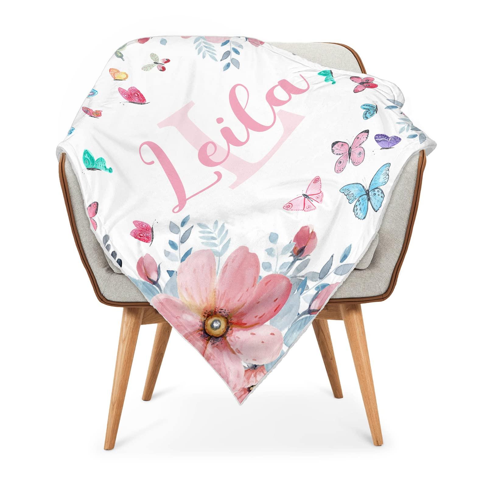 Noverbibi Personalized Floral Butterfly Baby Blanket with Name for Girls Boys - Custom Monogram Blankets with Floral for Kids Toddler - Customized Throw Blanket for Baby Adult - Soft Fleece Baby Blanket 40"x50"