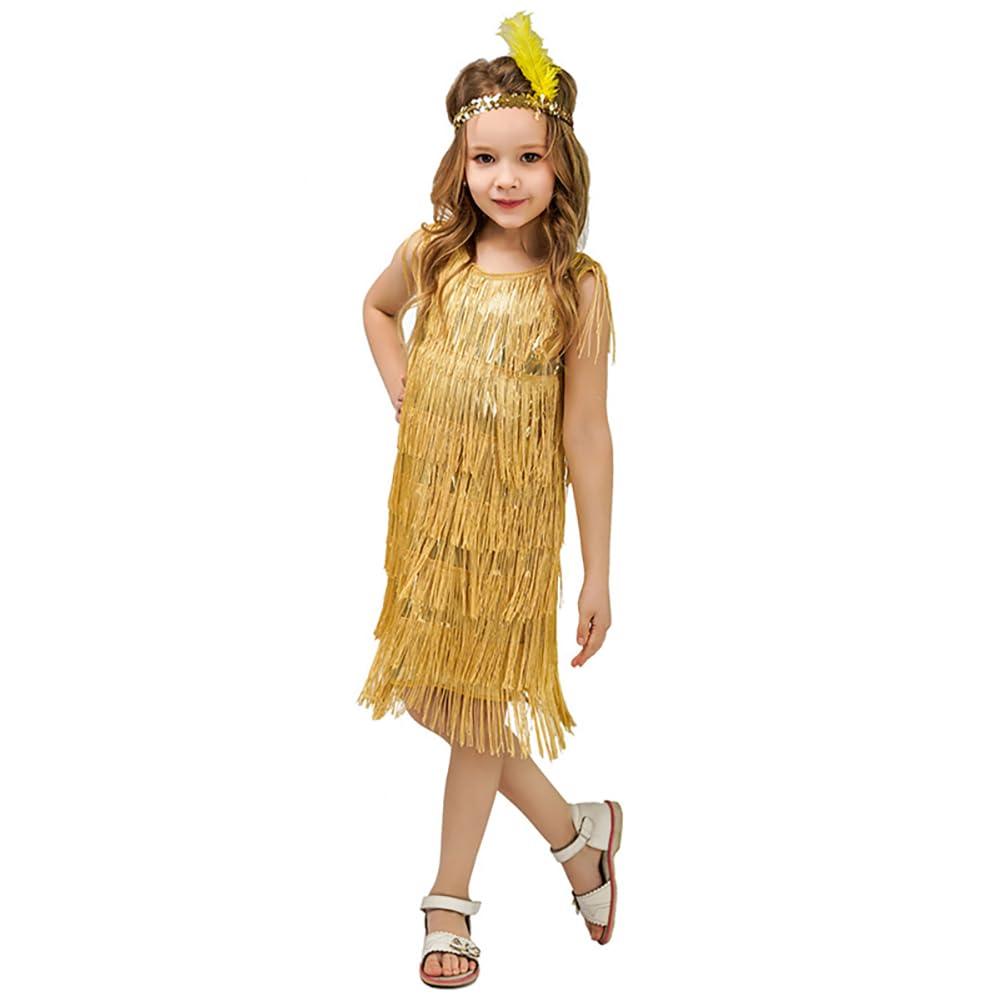 ODOLDI 1920s Flapper Dress for Girls Gold Flapper Dresses 1920s Gatsby Sequin Fringe Dresses with Feather Headband Roaring 20s Flapper Costumes for Kids Latin Dance Dress Gold 4-6 Years