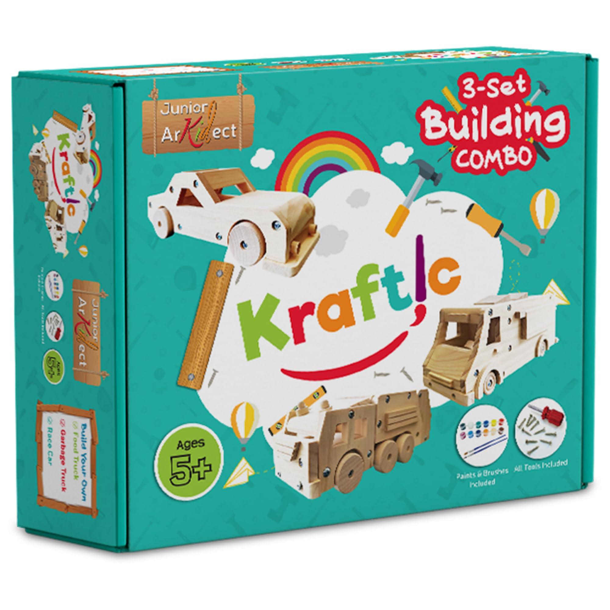Kraftic Kraftic Woodworking Building Kit for Kids and Adults, 3 Educational DIY Carpentry Construction Wood Model Kit Toy Projects for Boys and Girls, Build a Wooden Food Truck, Racing Car and Garbage Truck