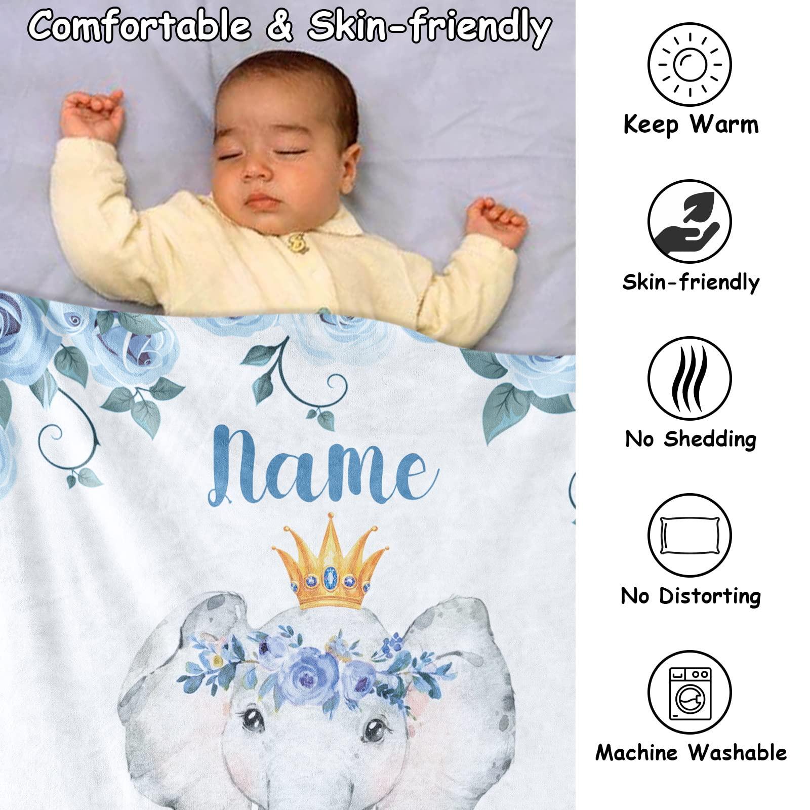 KAINSY KAINSY Personalized Elephant Baby Throw Blanket for Boys Girls Custom Name Nursery Bed Blankets for Newborn Kids Birthday Gifts, Blue, 30 x 40inch