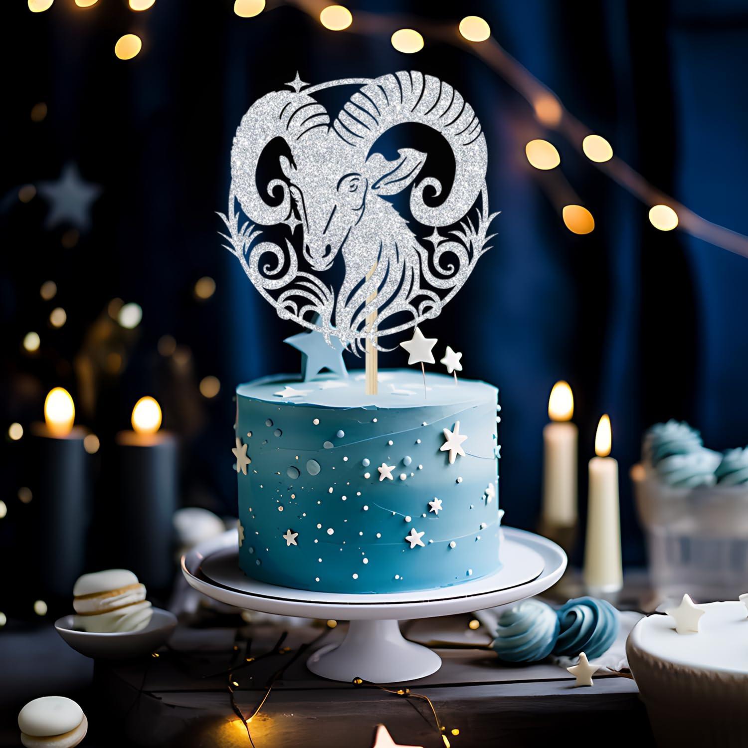 GREABRRY Aries Cake Topper, Aries Birthday Cake Decor, Aries Season Decorations, Zodiac Party Decor, Horoscope Birthday Party Decorations (Silver Glitter)
