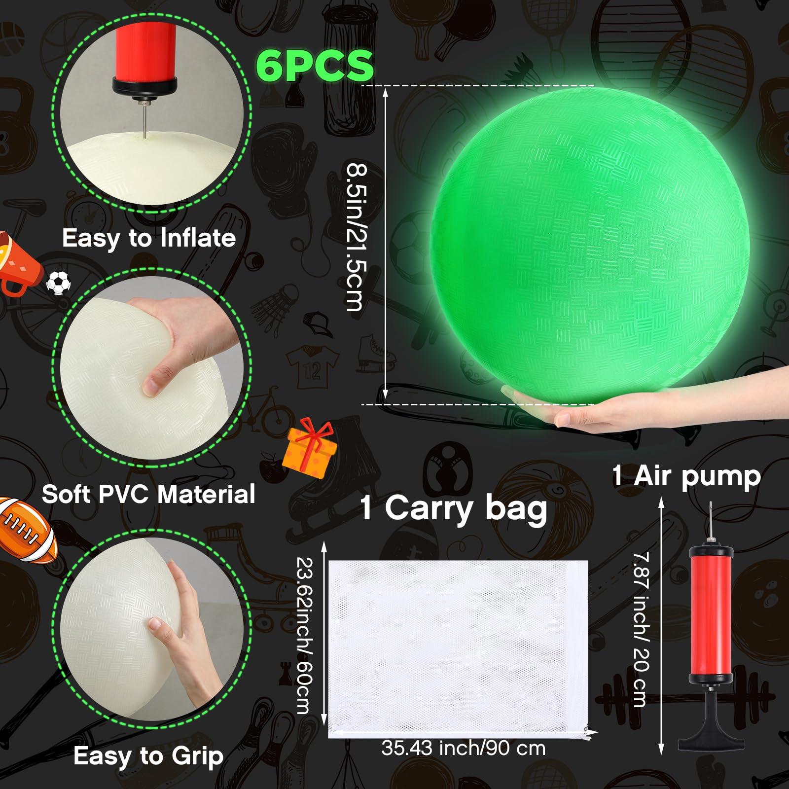 Libima Libima 6 Pcs 8.5 Inches Glow in The Dark Kickballs Dodgeballs Light up Playground Ball Bouncy Balls with Pump for Kids Adults Playground School Backyard Game Outdoor Glow in The Dark Games